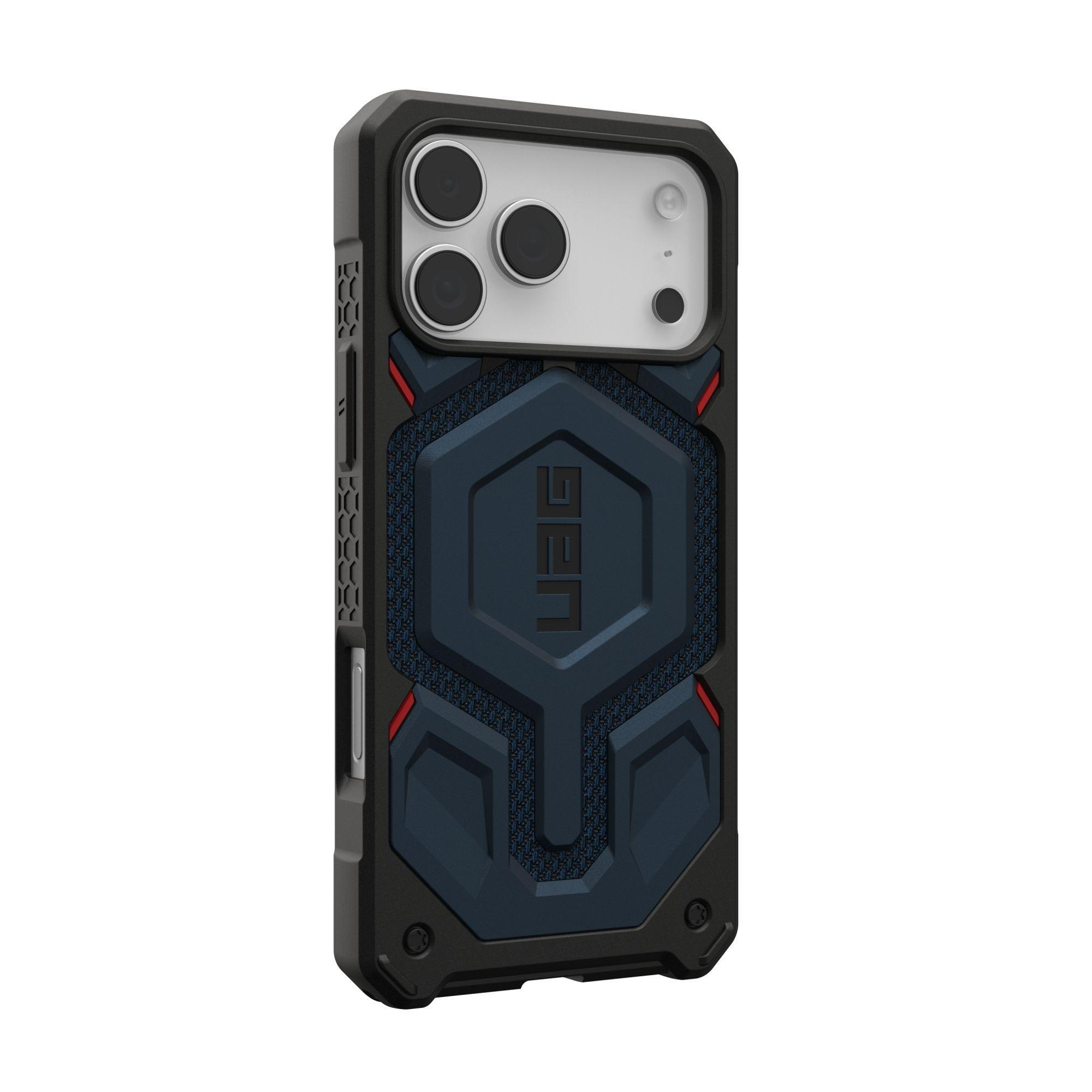 Eine Handyhülle mit schwarzem und blauem Design, mit UAG-Logo. Sie hat Kameraausschnitte und eine robuste Textur.