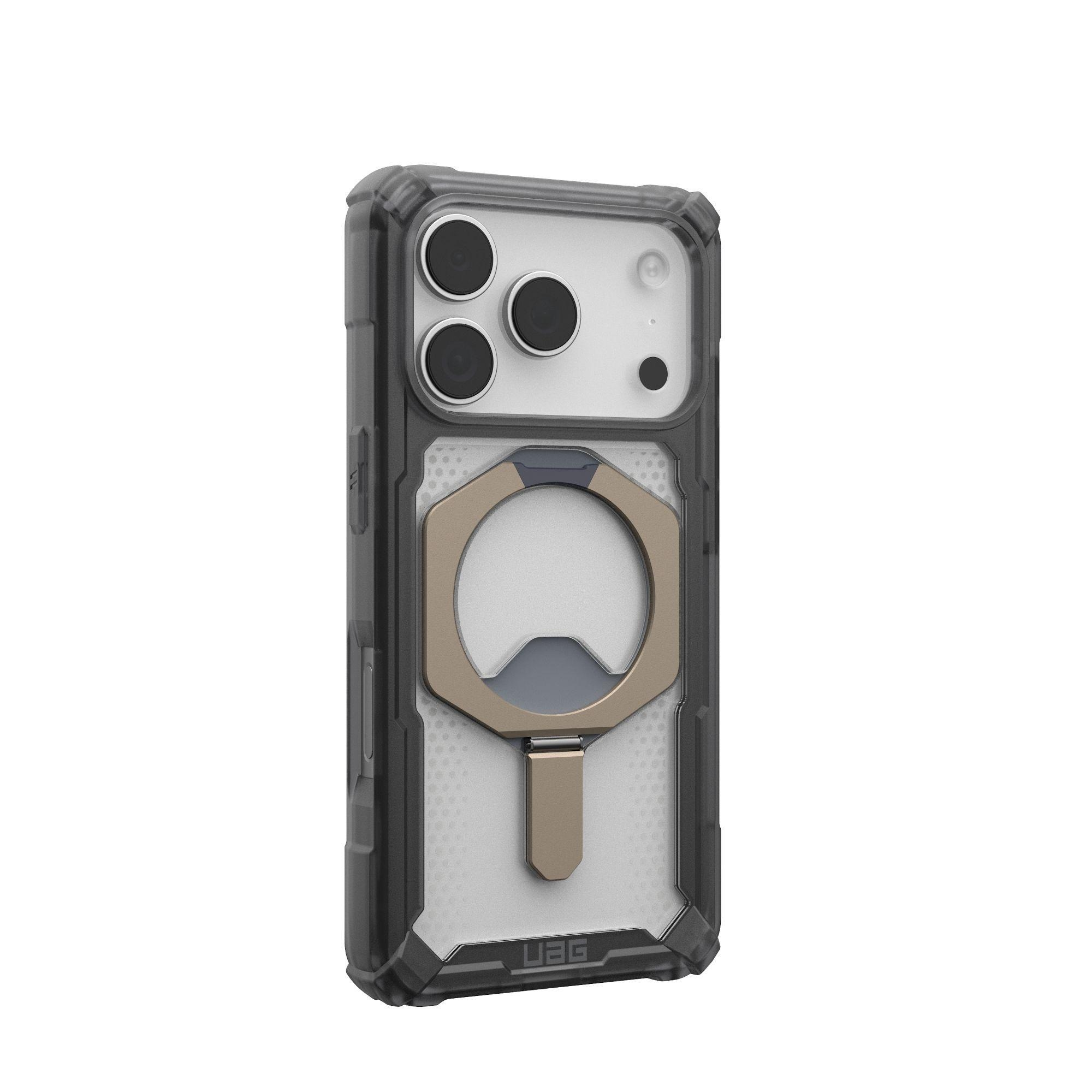 Una custodia per telefono con ritaglio per fotocamera, anello dorato e lati neri. Logo UAG in basso.