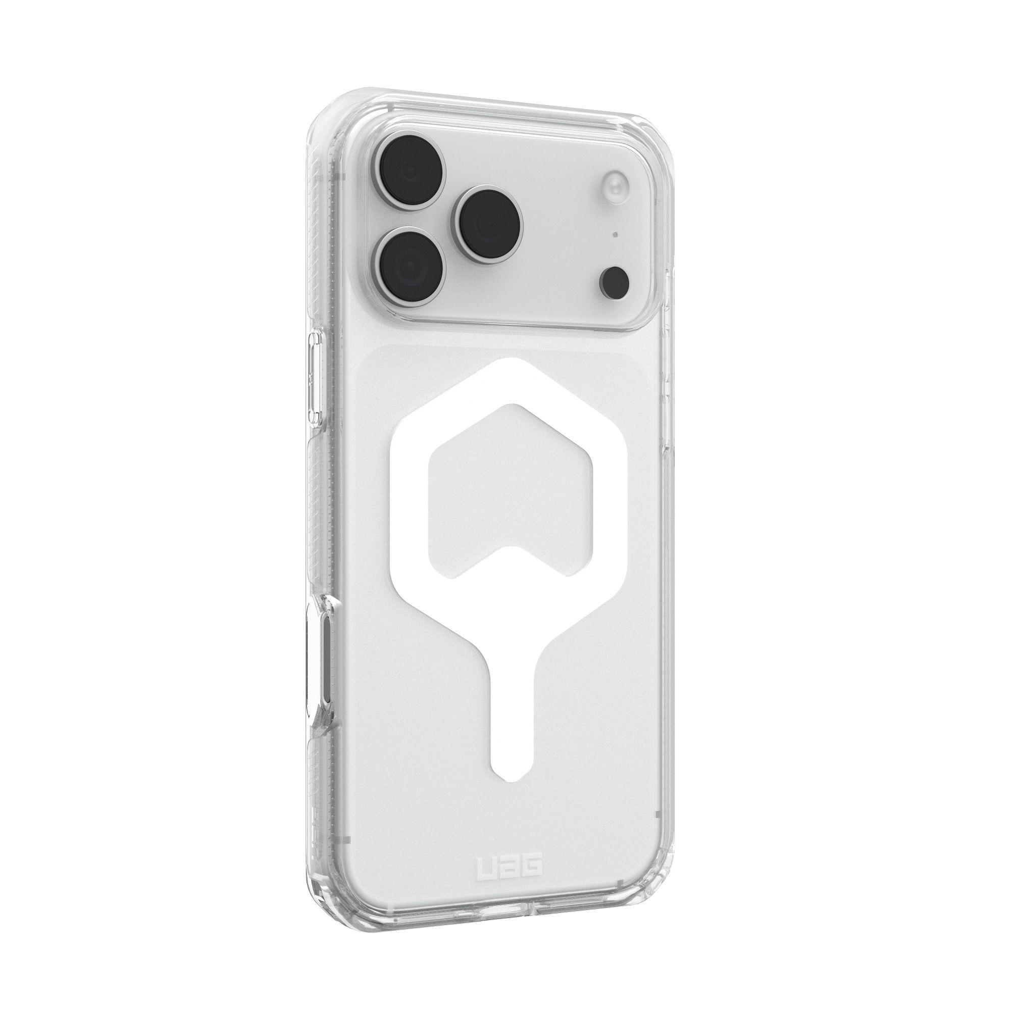 Funda transparente para teléfono con diseño geométrico blanco y recortes para la cámara. Logotipo UAG abajo.