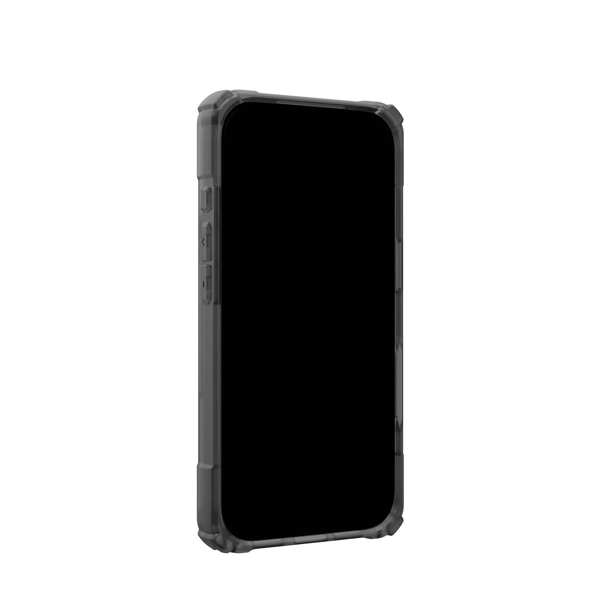 Uno smartphone nero in una custodia protettiva grigia è esposto su sfondo bianco. Lo schermo è nero.
