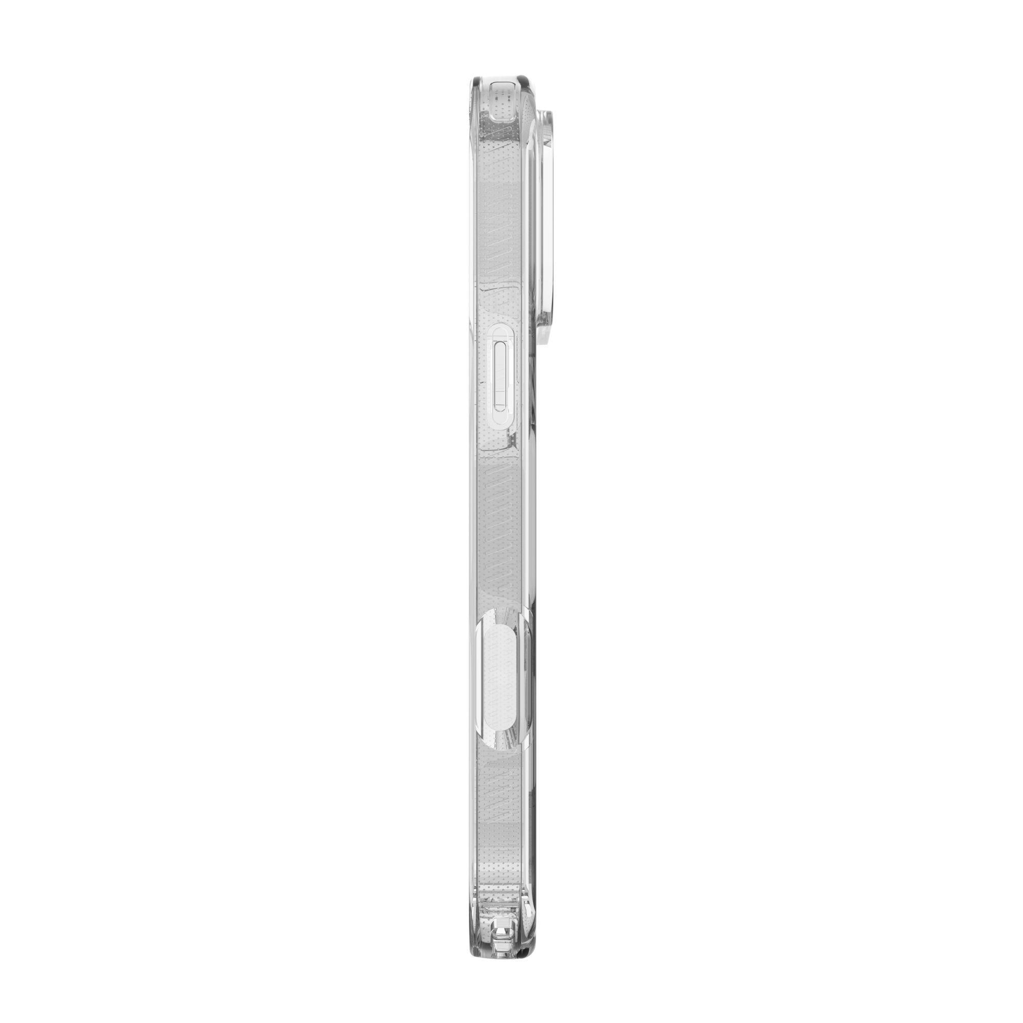 Una funda de teléfono transparente, vista lateral, mostrando botones y recorte de cámara, sobre fondo blanco.