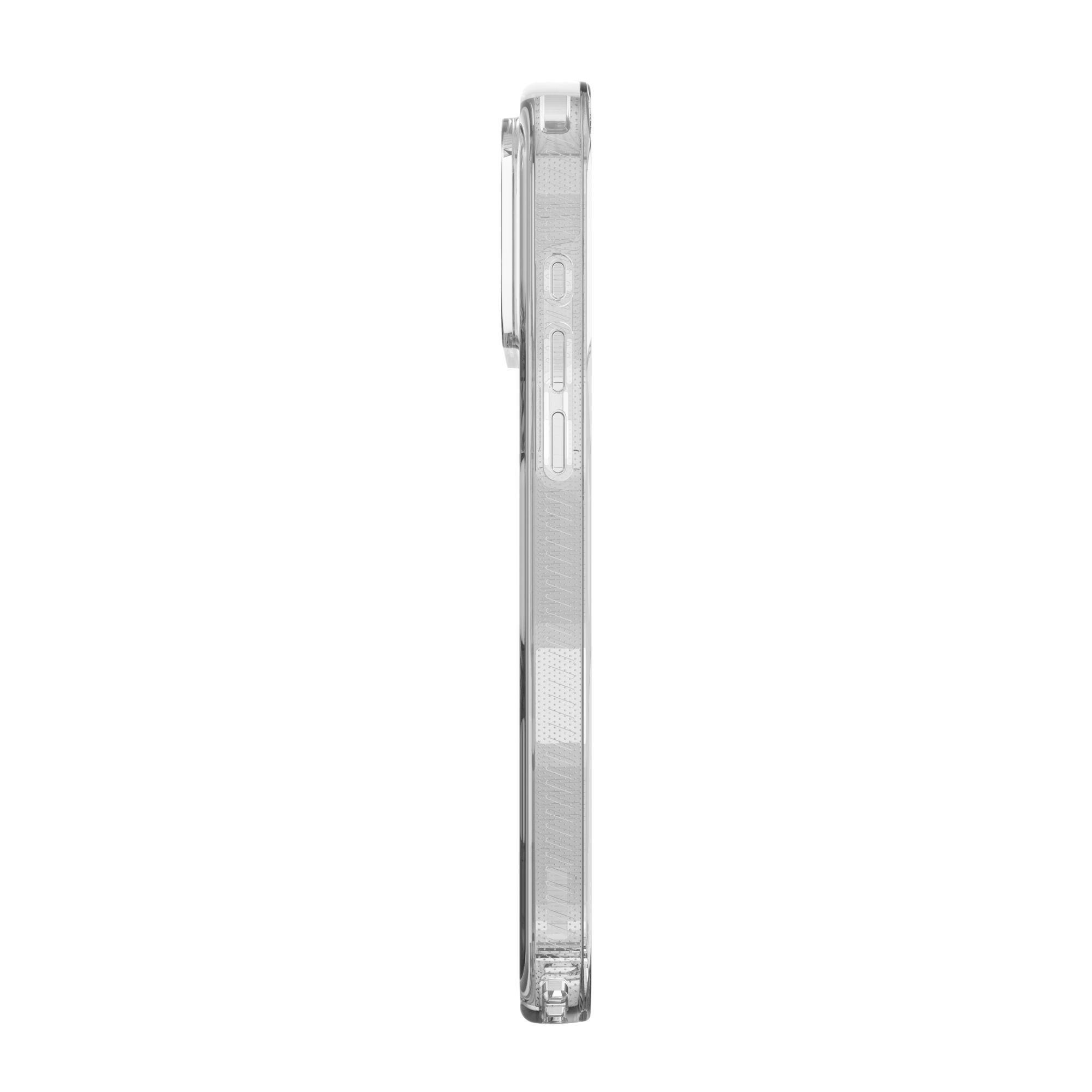 Se muestra una funda transparente para teléfono, vista lateral. La funda tiene botones y un recorte para la cámara, sobre fondo blanco.