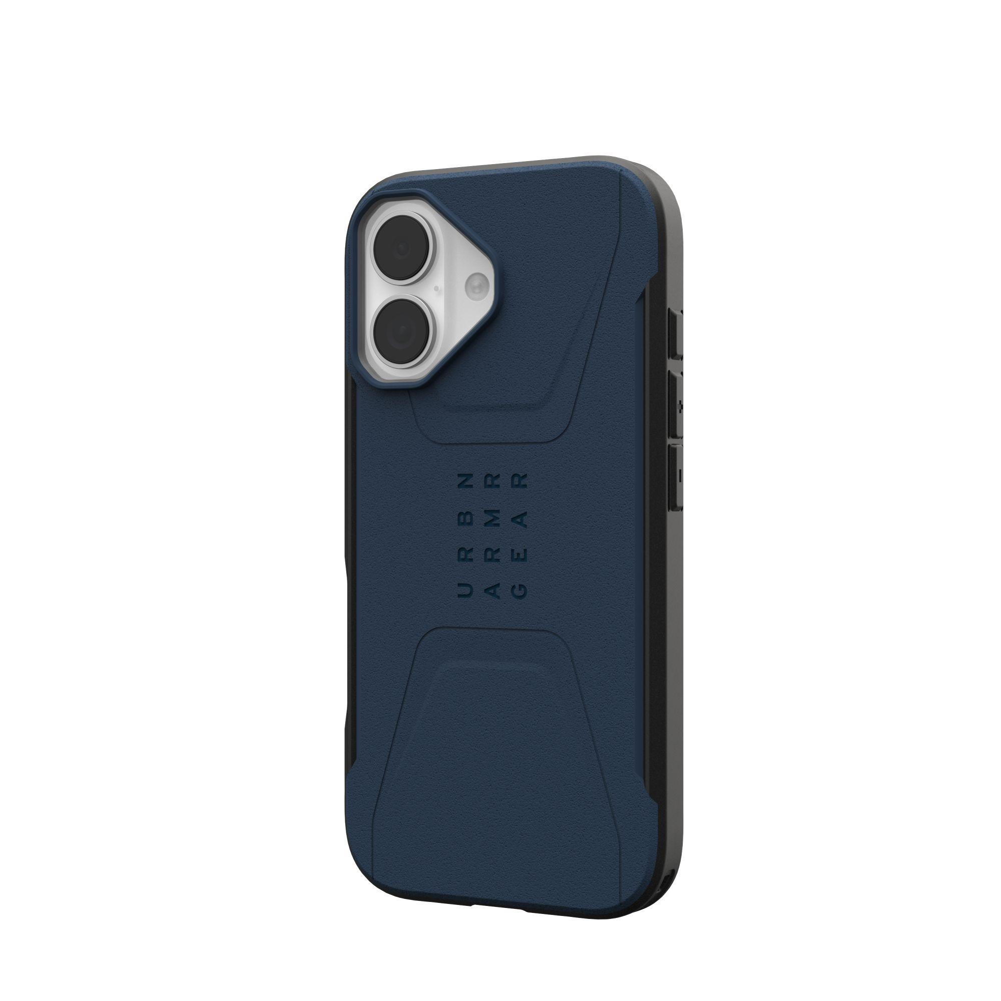 Une coque de téléphone bleu marine avec les mots 'URBN ARMOR GEAR' imprimés. La coque a des bords noirs et un fond blanc.