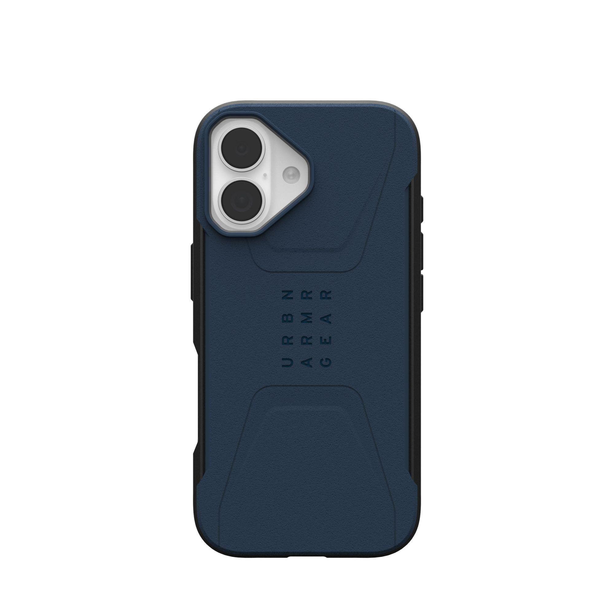 Un étui de téléphone bleu marine avec une découpe pour l'appareil photo et le texte URBN ARMOR GEAR sur fond blanc.