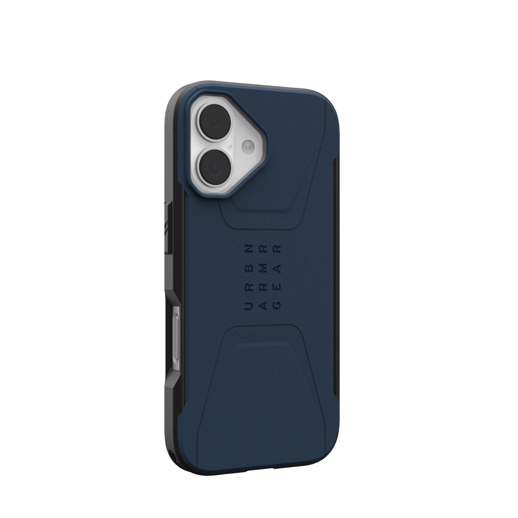 Une coque de téléphone bleu marine avec des bords noirs. La marque URBN ARMOR GEAR est visible. La coque est sur fond blanc.