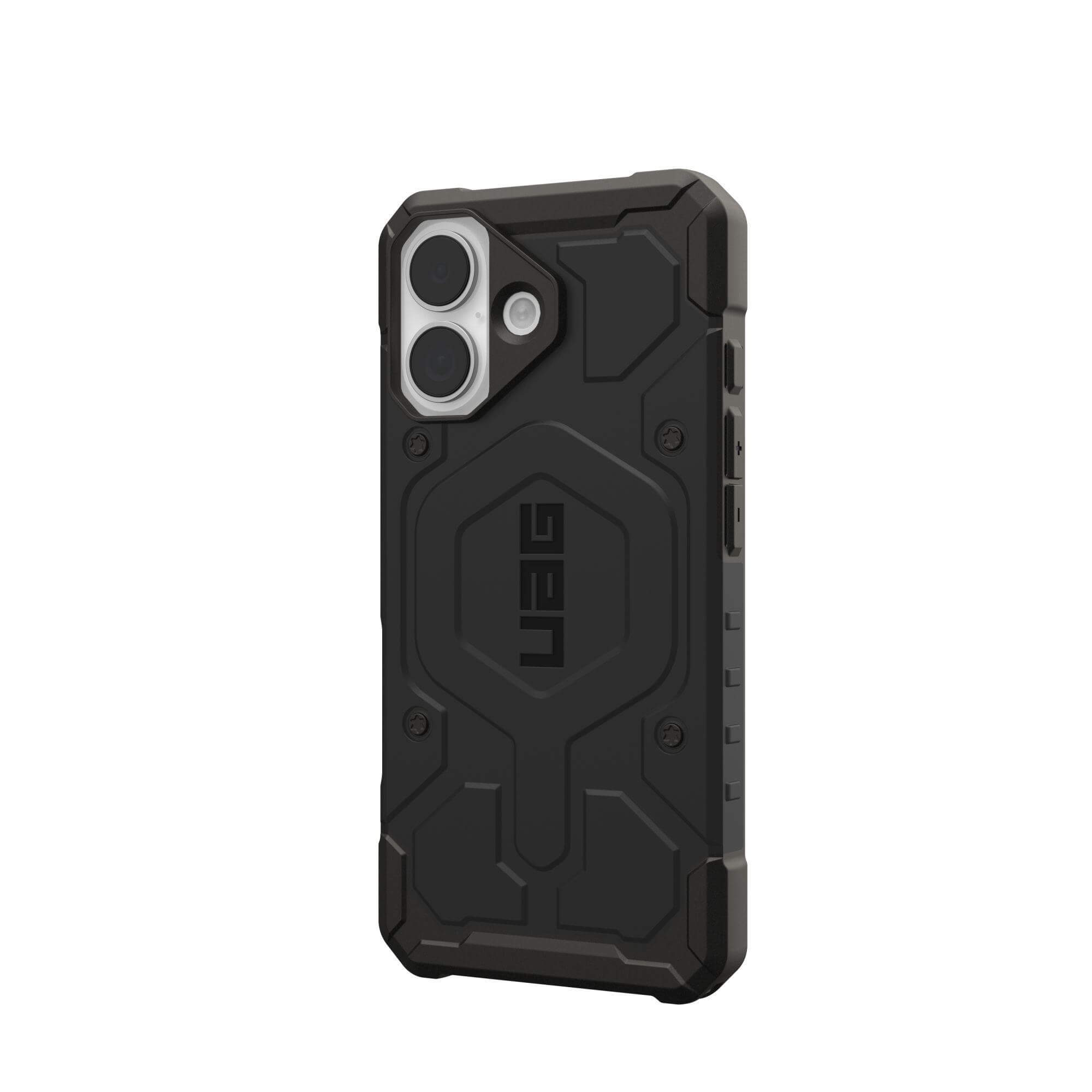 Schwarze Handyhülle mit UAG-Logo und Kameraausschnitten, vor weißem Hintergrund.