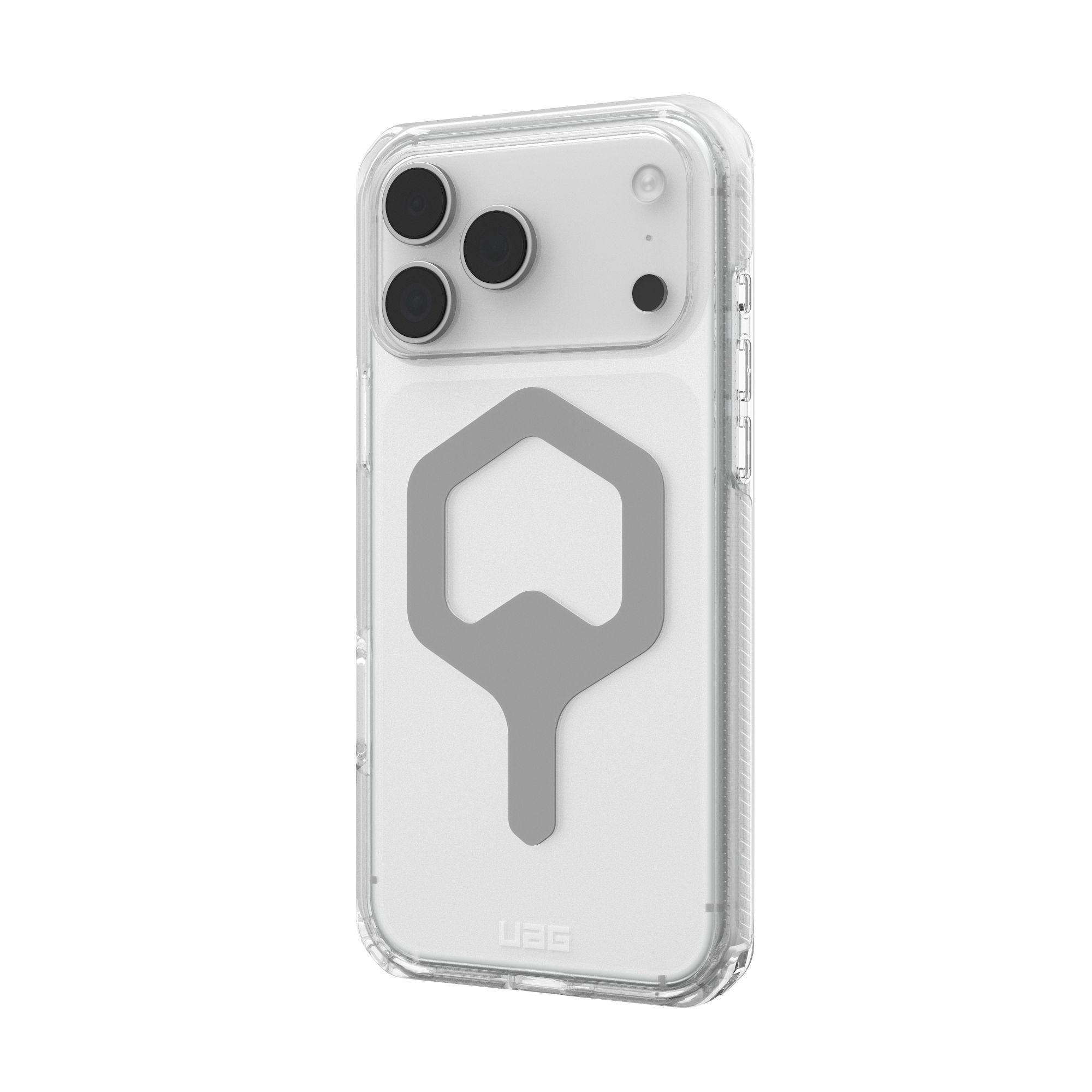 Funda transparente para iPhone con detalles grises. Presenta un recorte para la cámara y un diseño geométrico gris en la parte trasera. Marca UAG.