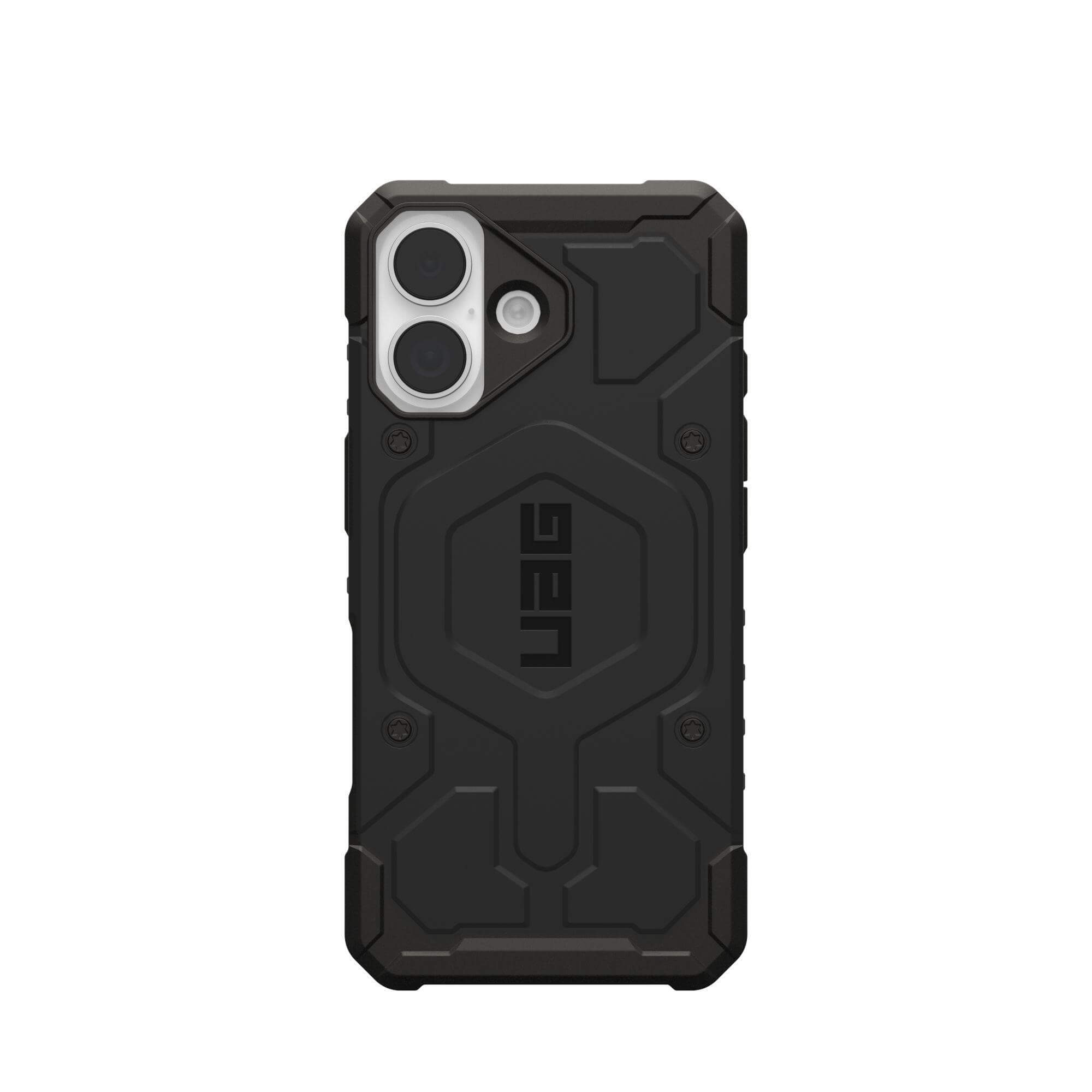 Schwarze Handyhülle mit UAG-Logo, mehreren Aussparungen für Kameras und Tasten. Es hat ein robustes, strukturiertes Design.