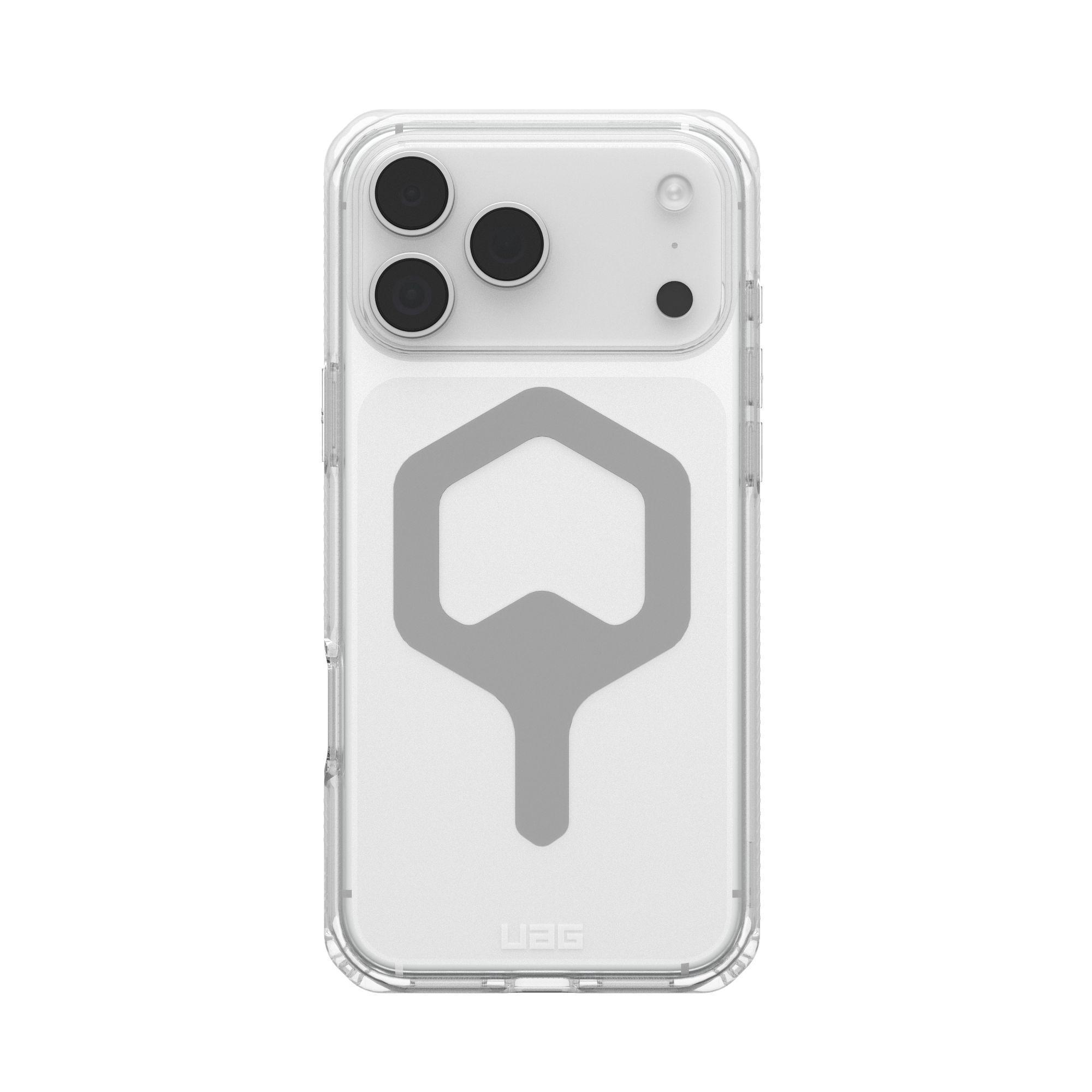 Funda transparente con diseño gris y teléfono con múltiples cámaras visibles, logotipo UAG en la parte inferior.
