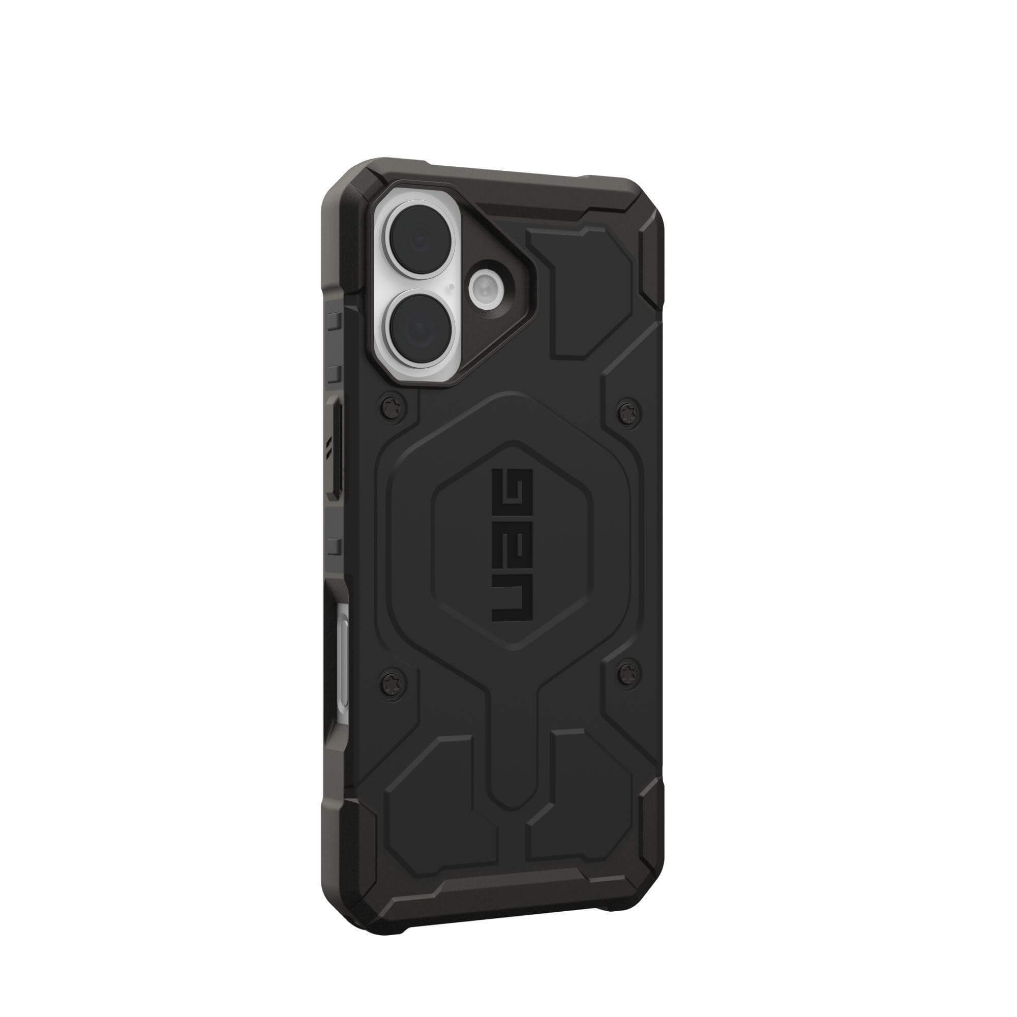 Schwarze Handyhülle mit UAG-Logo, Kameraausschnitt und robustem Design. Sie ist vor weißem Hintergrund.
