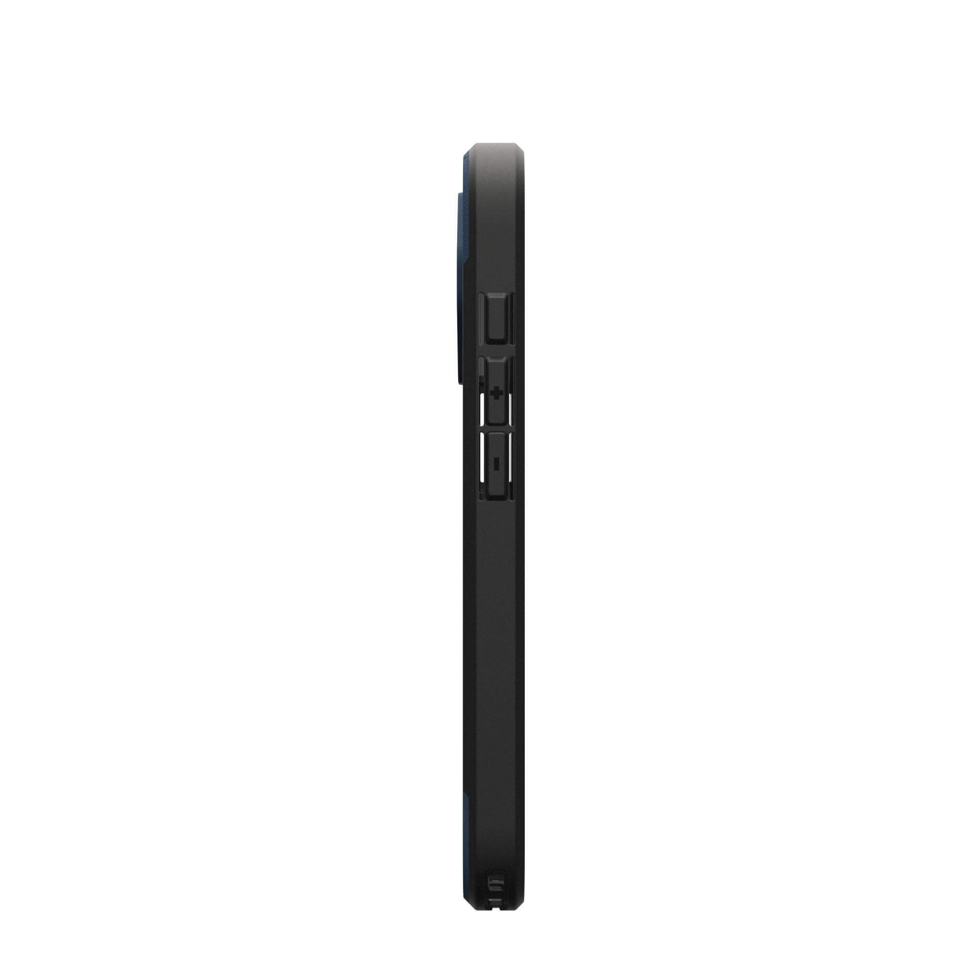 Vue latérale d'une coque de téléphone noire avec des accents bleus. Elle possède des boutons et une découpe pour l'appareil photo. Le fond est blanc.