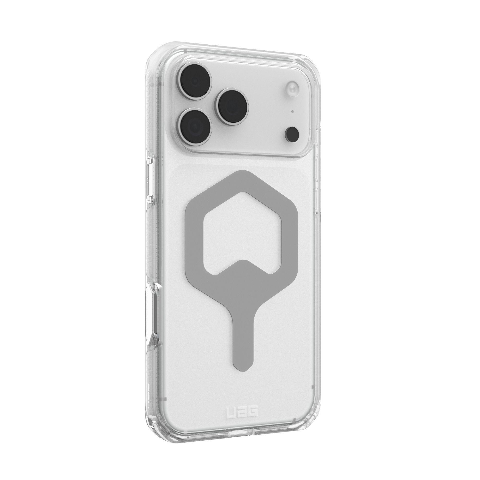 Funda transparente para teléfono con forma de hexágono gris en la parte trasera. La funda tiene un recorte para la cámara con tres lentes.