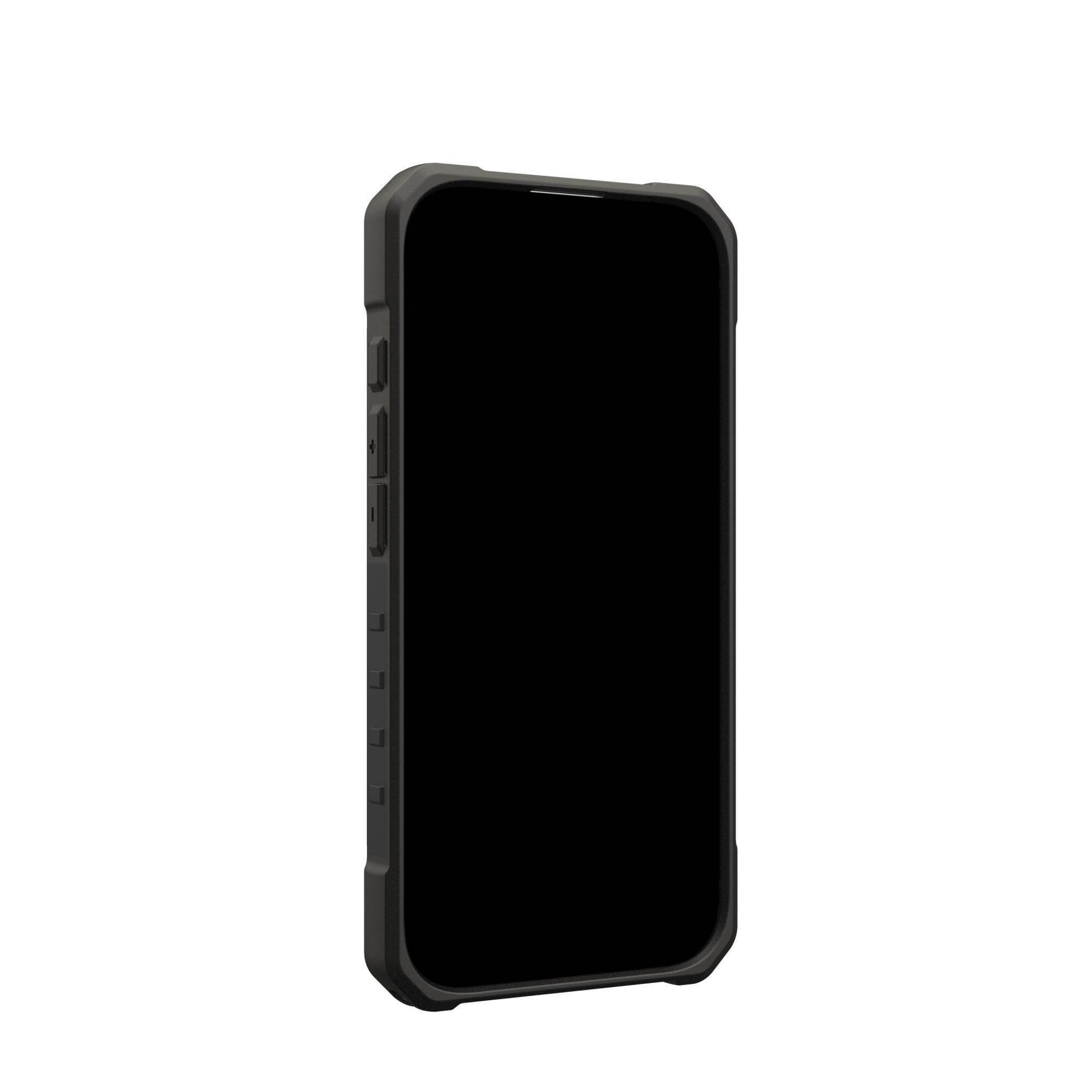 Ein schwarzes Smartphone in einer Schutzhülle vor weißem Hintergrund. Der Bildschirm ist schwarz.