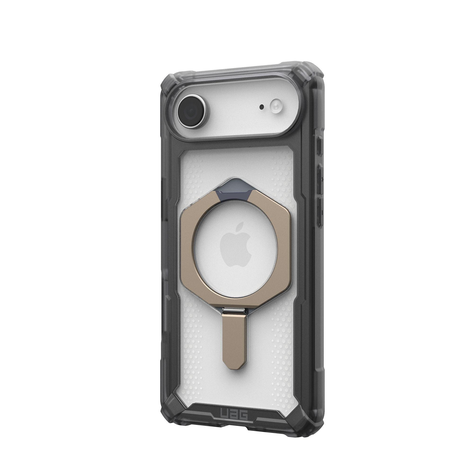 Custodia trasparente con anello dorato. Logo Apple visibile. Cornice nera e logo UAG in basso.
