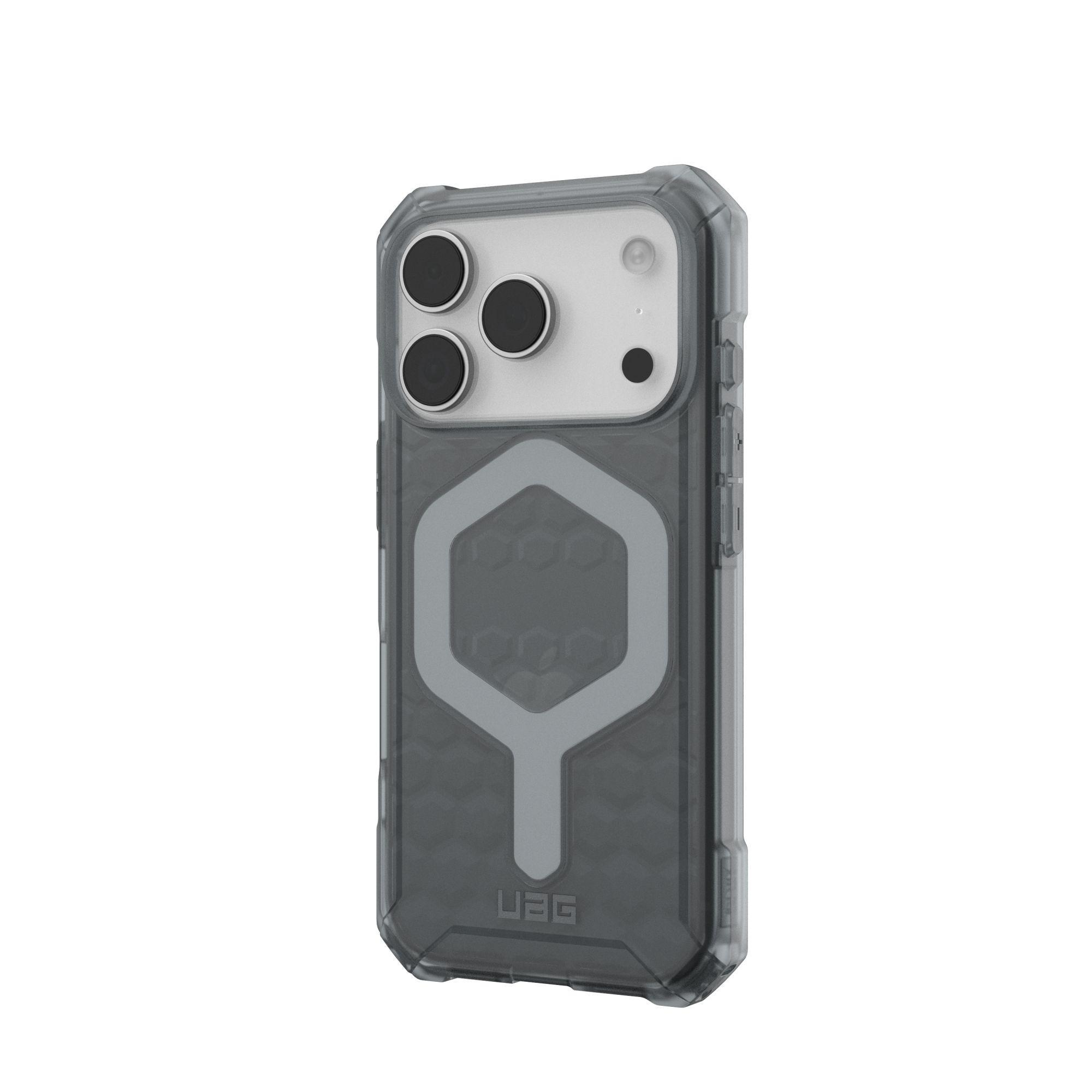 Une coque de téléphone transparente avec un design gris. Elle a des découpes pour l'appareil photo et le logo UAG.