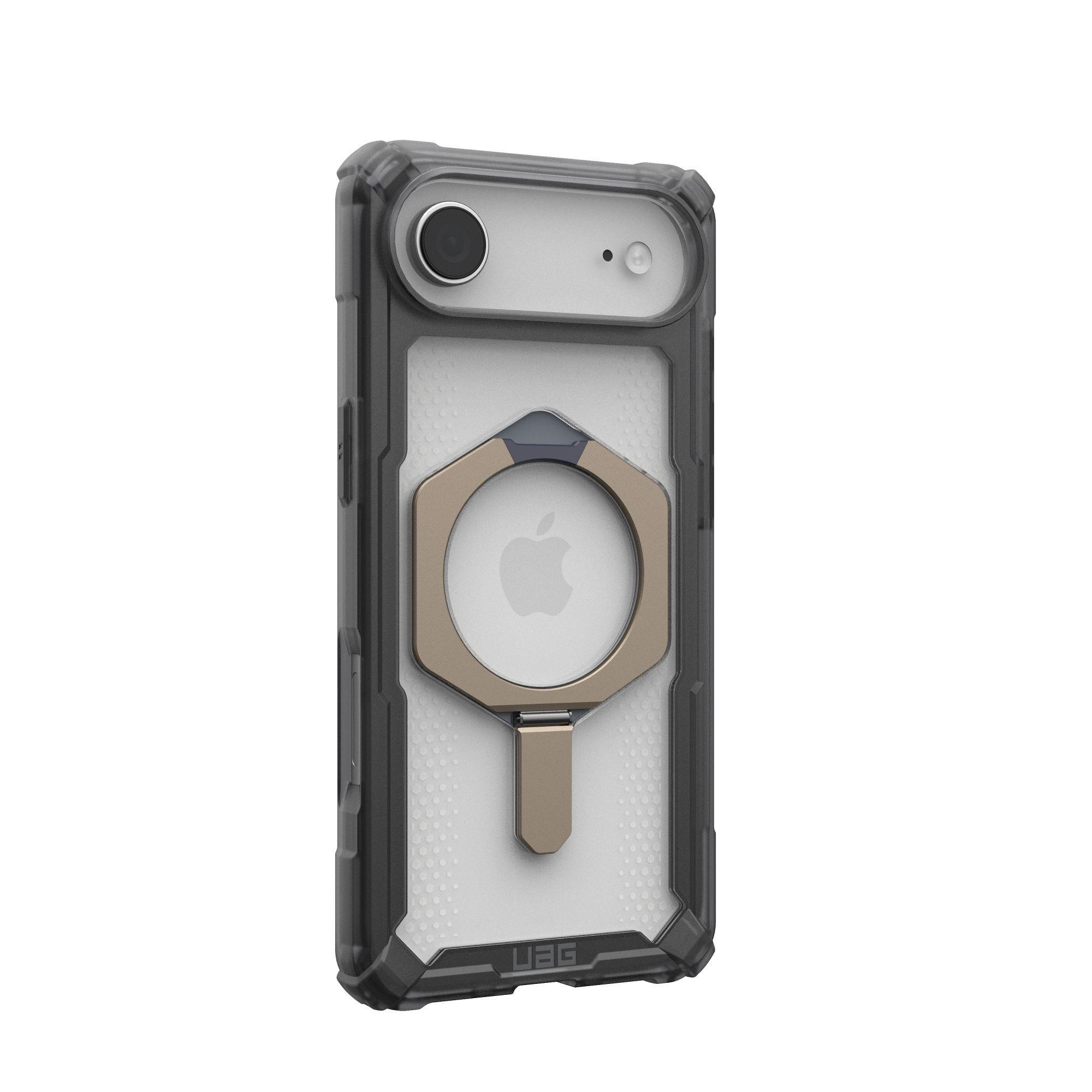 Una custodia per telefono nera e trasparente con anello, logo Apple e logo UAG.