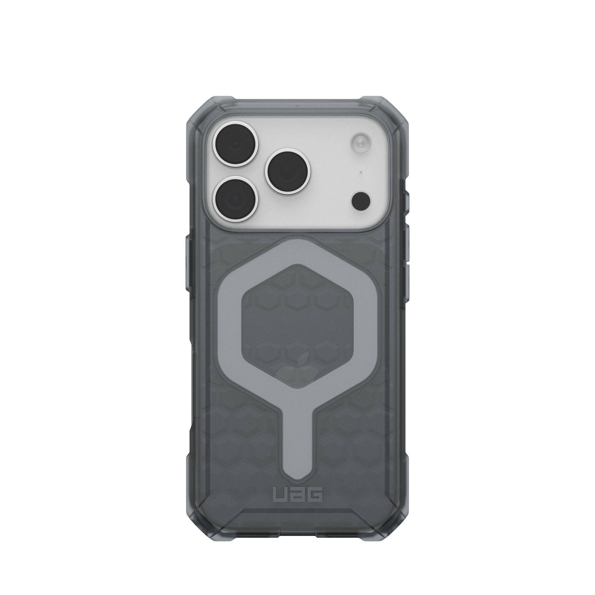Une coque de téléphone avec un design gris. Elle a une section caméra avec trois lentilles et un flash. Le logo UAG est en bas.