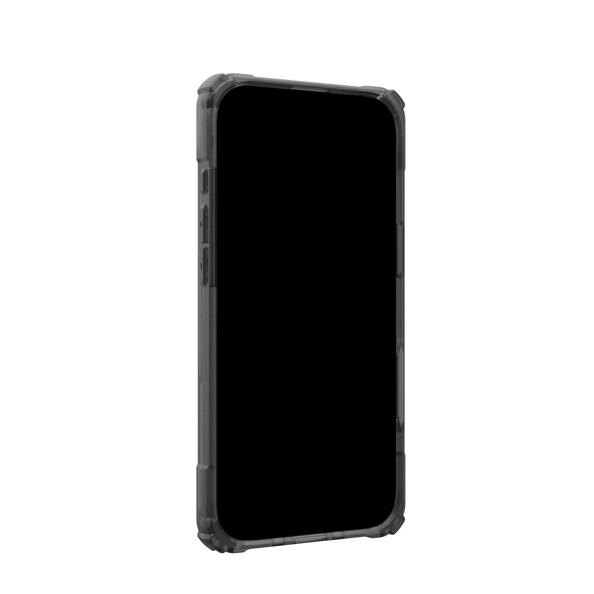 Uno smartphone in una custodia trasparente. Lo schermo è nero. La custodia è grigia con un design a coste. Sfondo bianco.