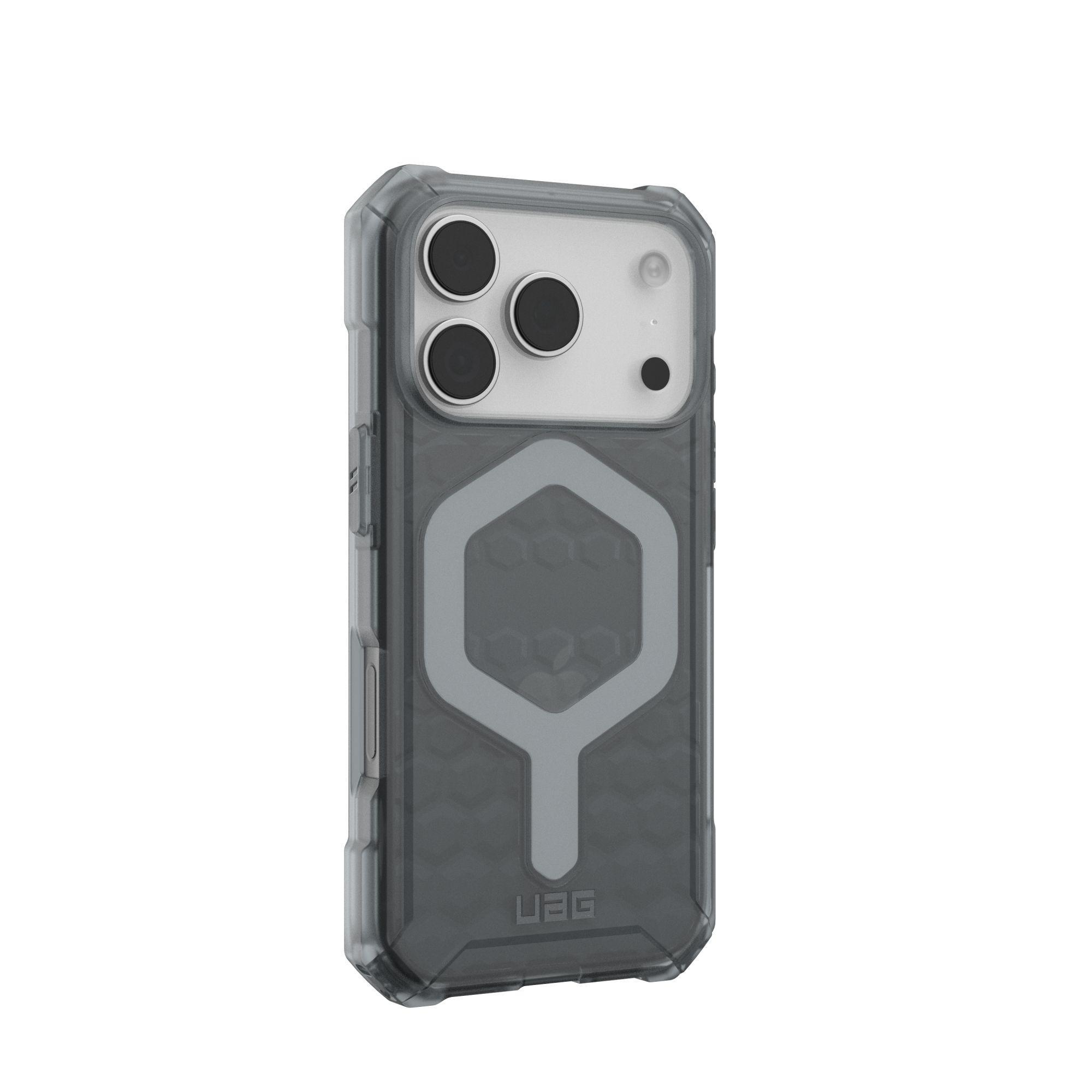 Une coque de smartphone transparente avec un design gris. Elle comporte trois lentilles de caméra et le logo UAG.
