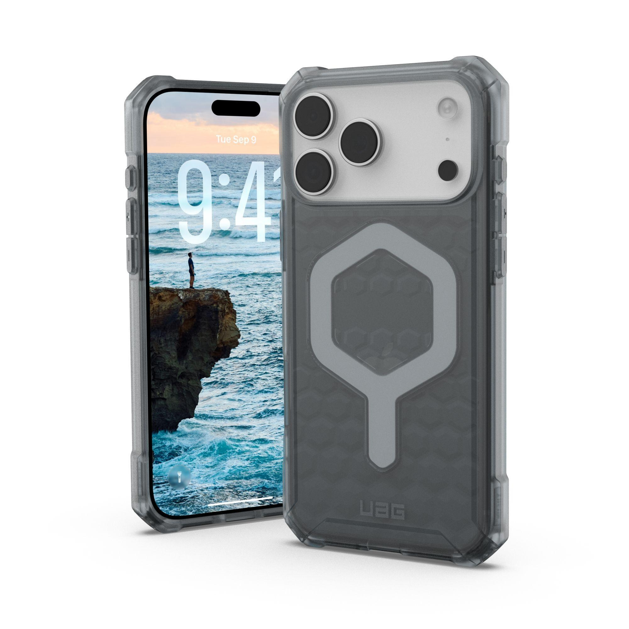 Ein Telefon in einer Schutzhülle wird angezeigt. Der Telefonbildschirm zeigt eine Person auf einer Klippe am Meer.