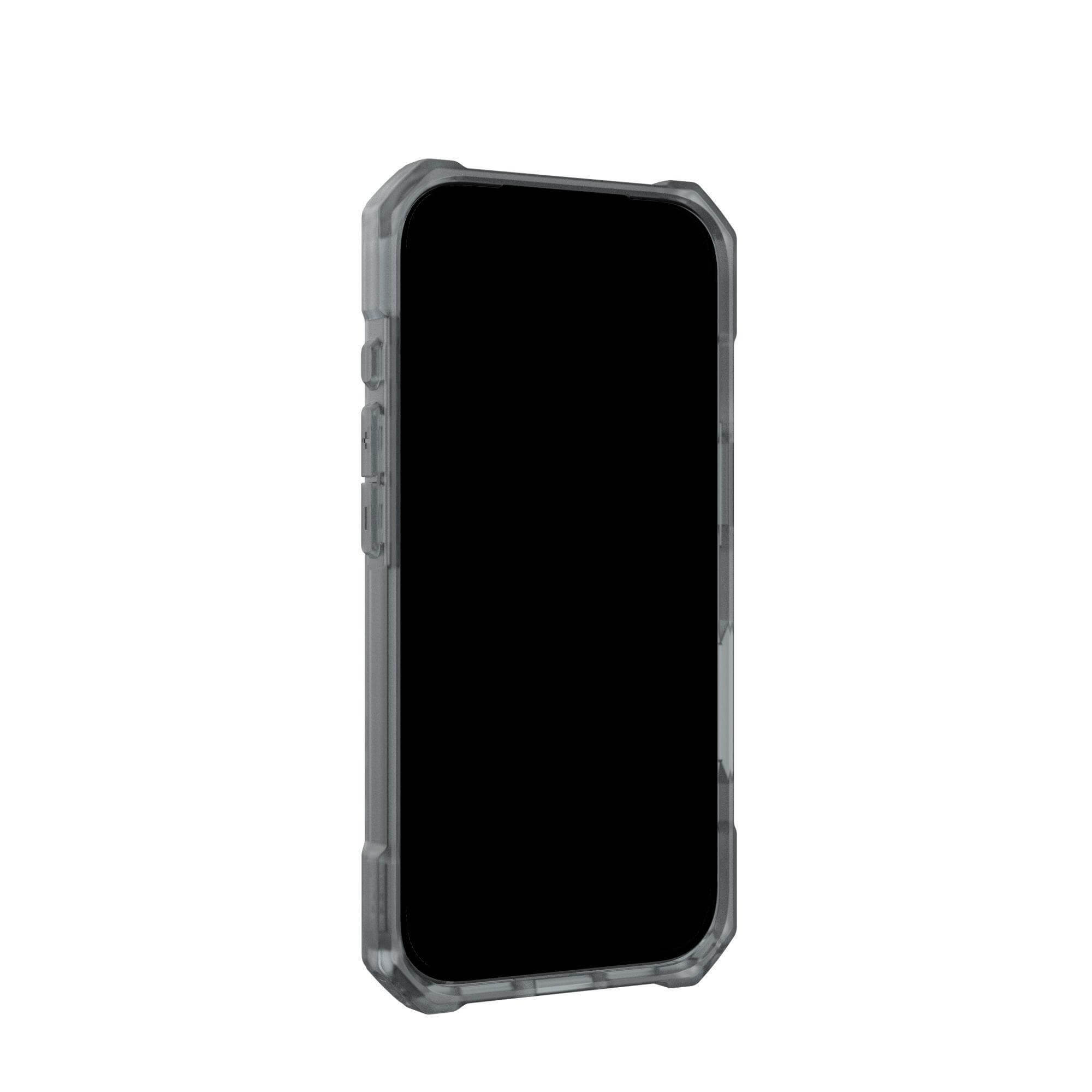 Un smartphone dans une coque de protection transparente est centré sur fond blanc. L'écran est noir.