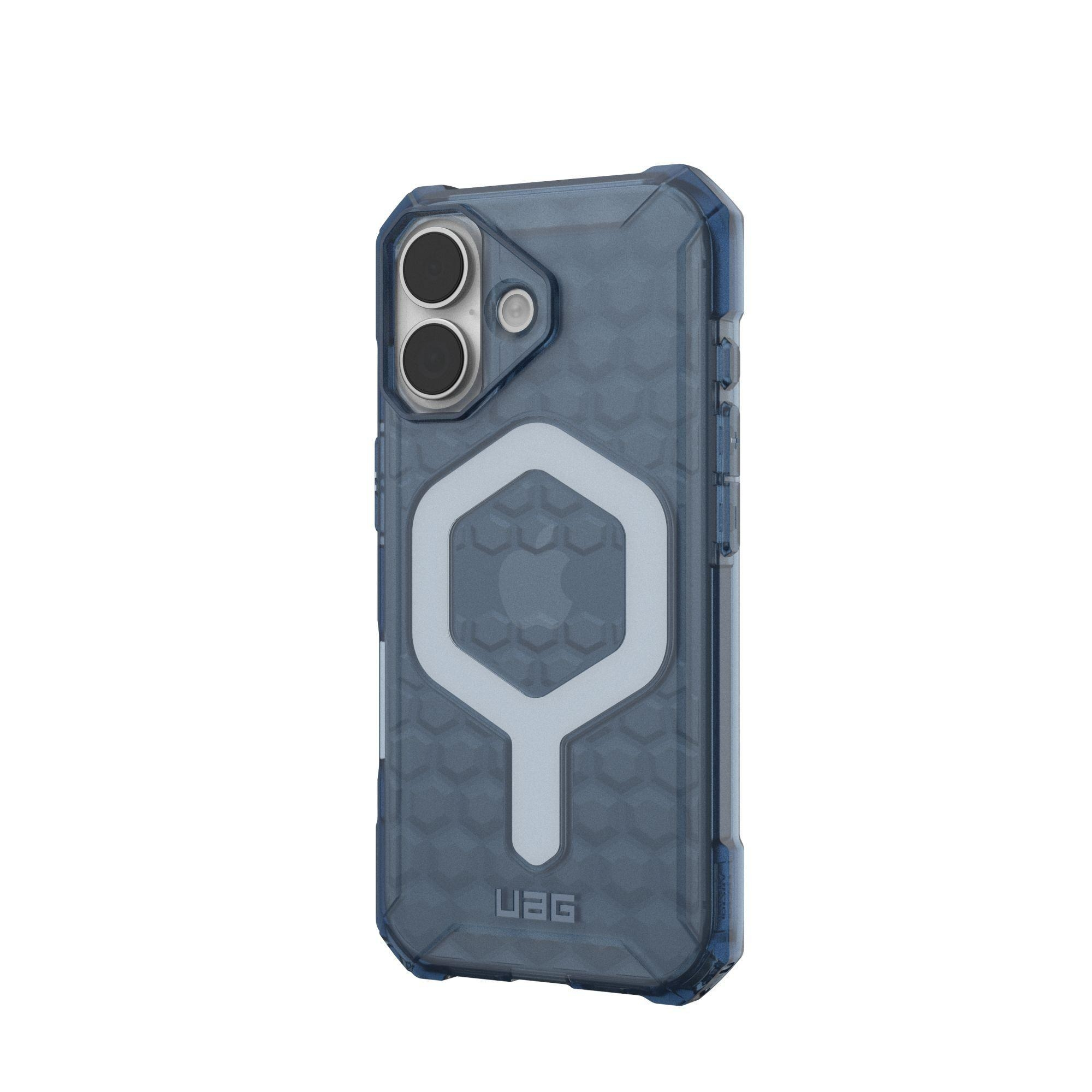 Eine transparente blaue Handyhülle mit weißem geometrischen Design, zwei Kameralinsen und dem UAG-Logo.