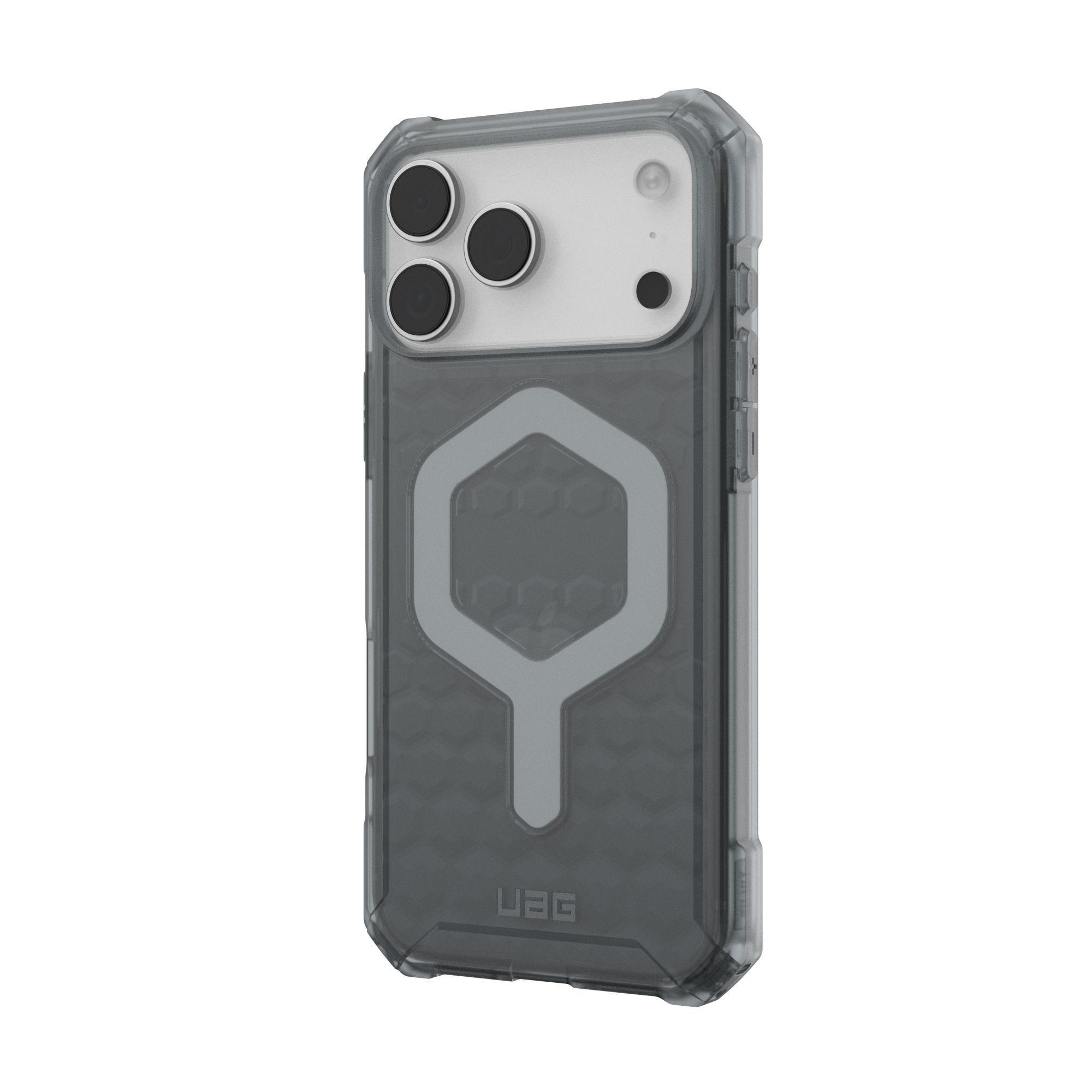 Eine transparente Handyhülle mit grauem Hexagon-Design. Es hat einen Kameraausschnitt und ein UAG-Logo.