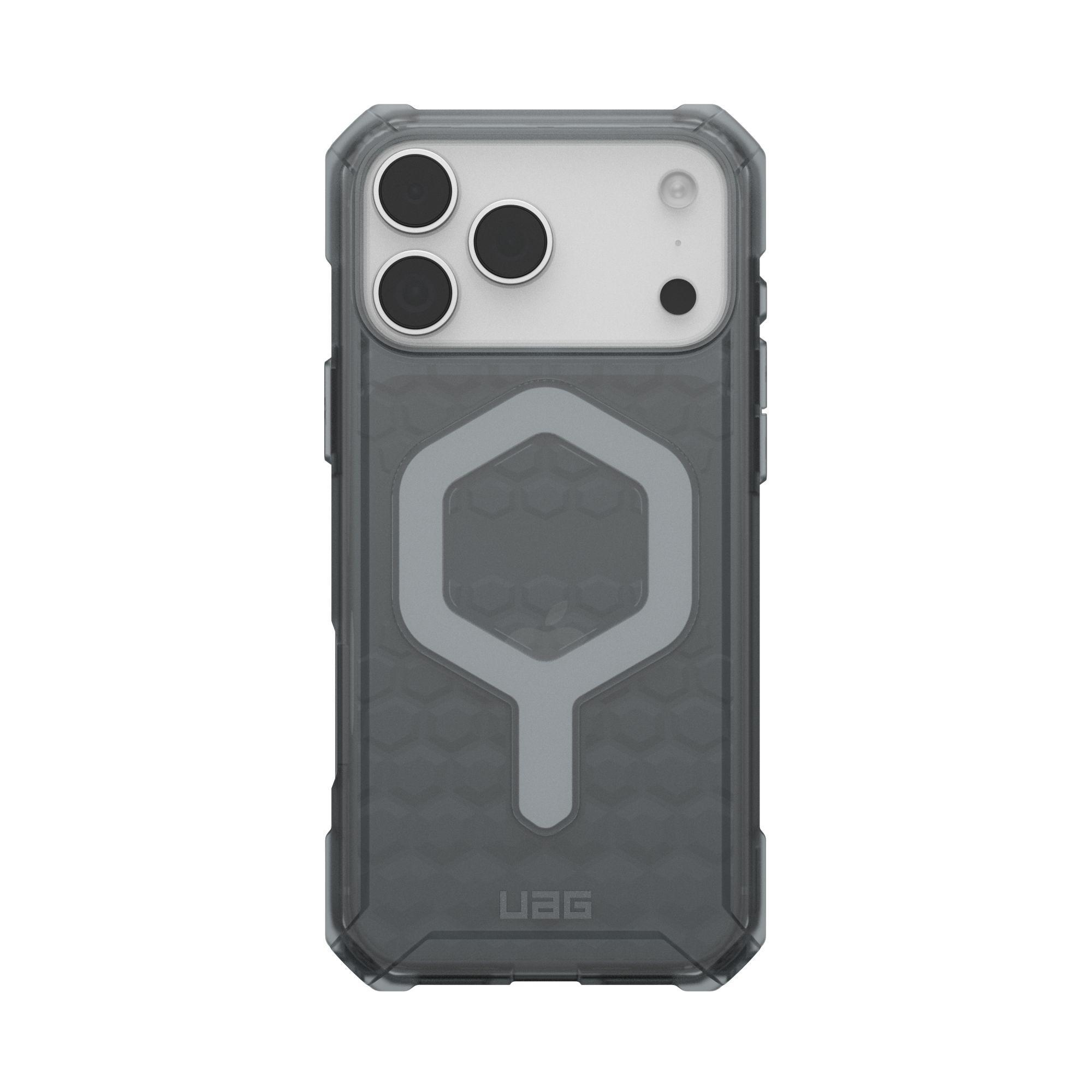 Handyhülle mit grauem Design. Es hat ein Sechseckmuster und ein UAG-Logo.