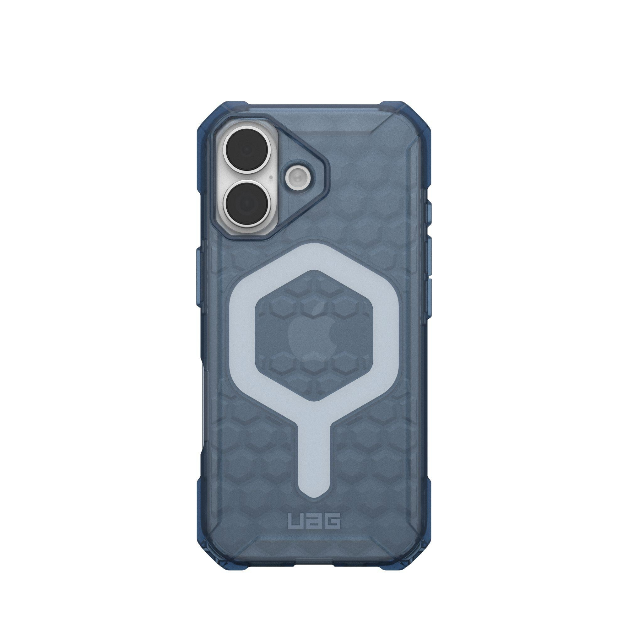 Eine blaue Handyhülle mit sechseckigem Design und einer hellfarbigen Sechseckform. Die Hülle hat unten ein UAG-Logo.