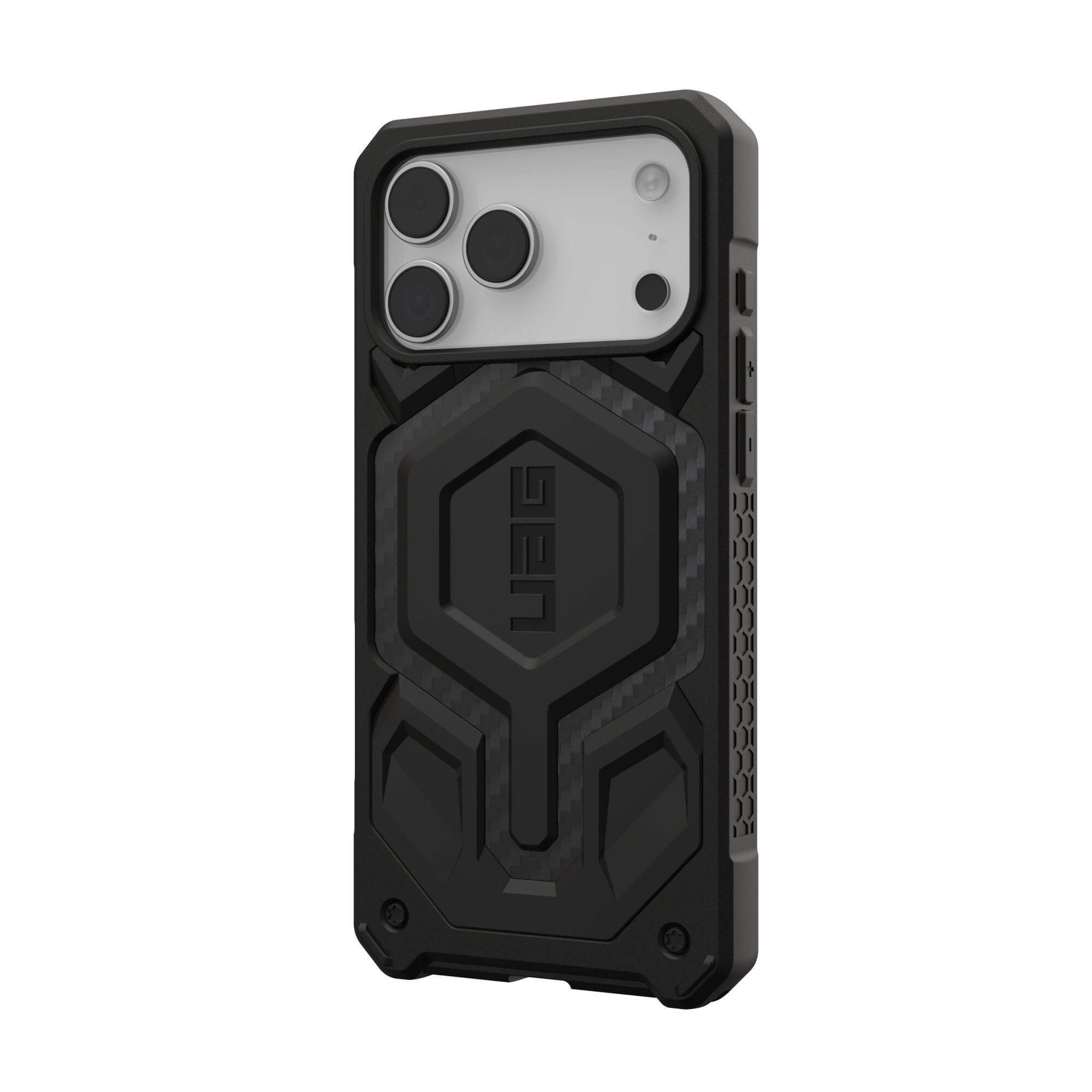 Funda negra para teléfono con recortes para la cámara y un diseño texturizado. El logotipo de UAG es visible.