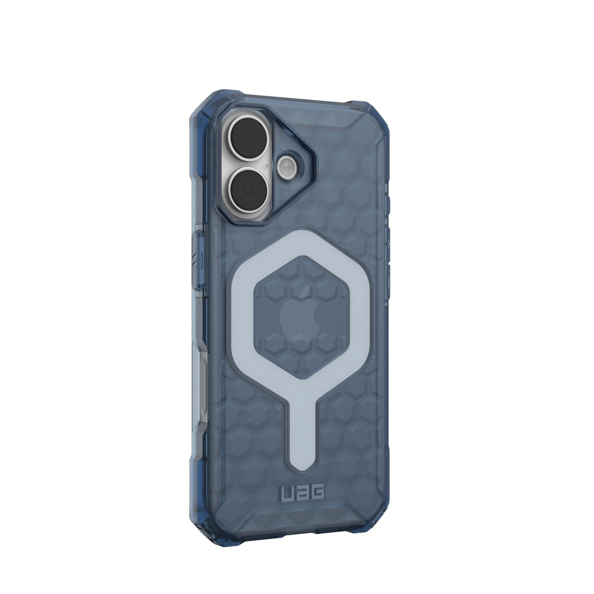 Eine blaue Handyhülle mit sechseckigem Design und UAG-Logo. Sie hat Kameraausschnitte und eine weiße Apple-Logo-Umrisse.