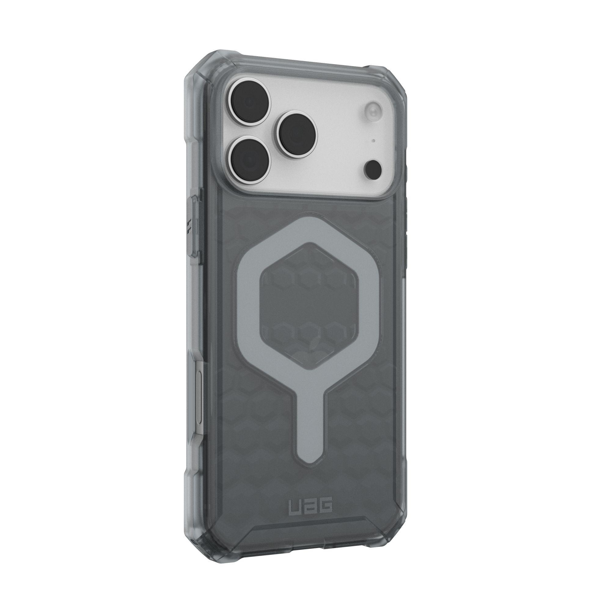 Eine transparente Handyhülle mit grauem Wabenmuster. Sie hat eine sechseckige Form in der Mitte und ein UAG-Logo unten.