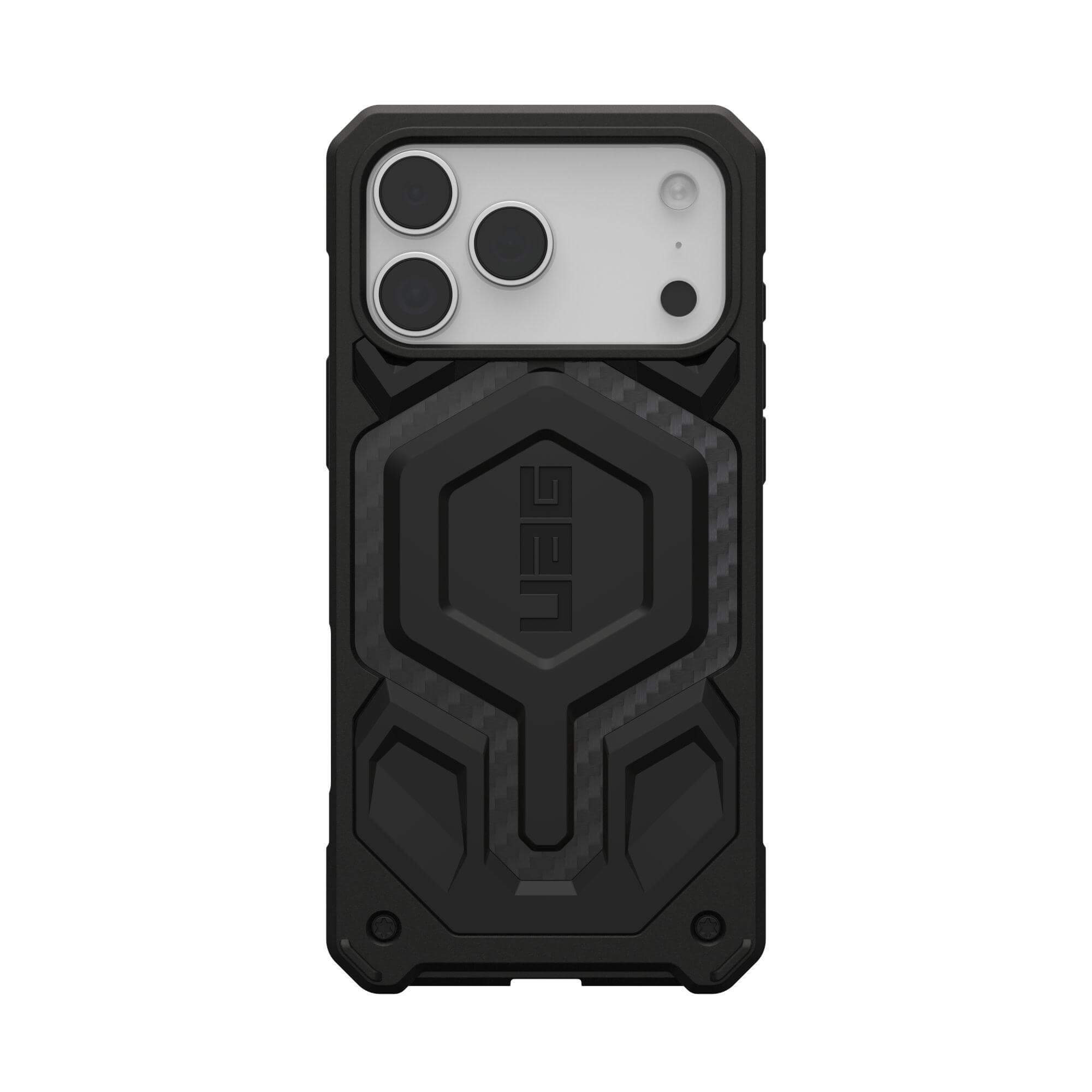 Funda negra para teléfono con logotipo UAG. Tiene una parte trasera texturizada, recortes para la cámara y un diseño robusto.