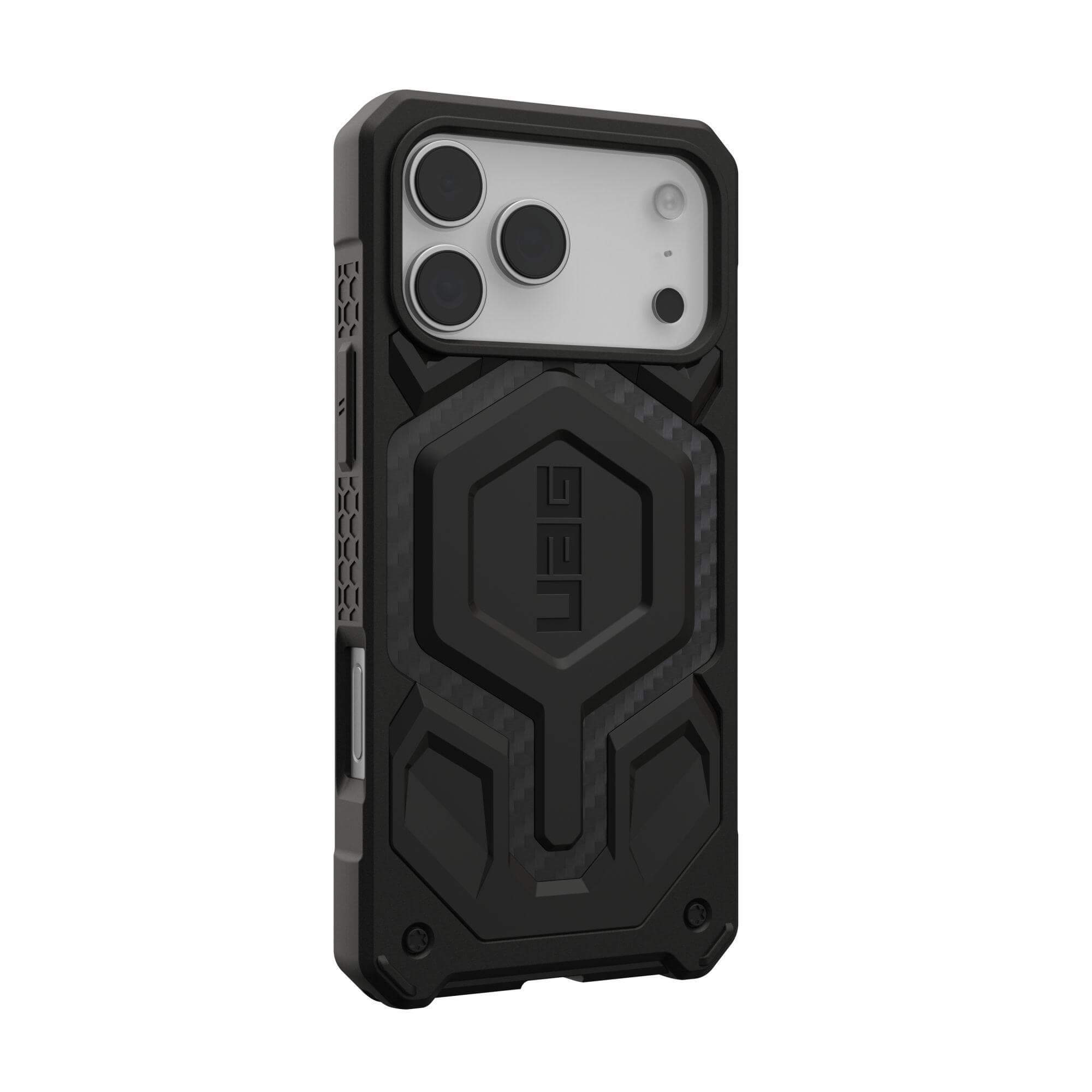 Funda negra para teléfono con tres lentes de cámara y el logo UAG.