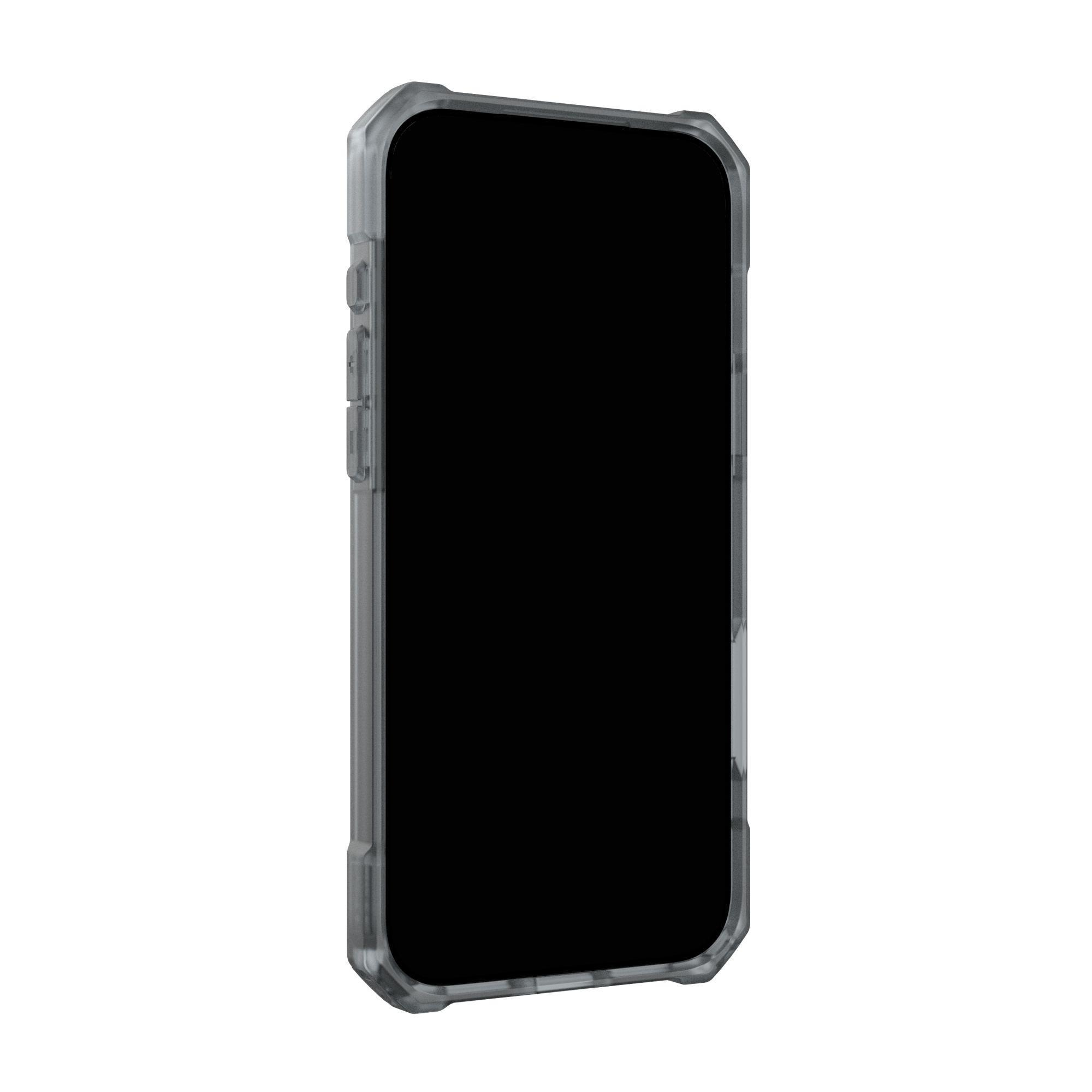 Ein Telefon in einer durchsichtigen Hülle auf weißem Hintergrund. Der Bildschirm ist schwarz.