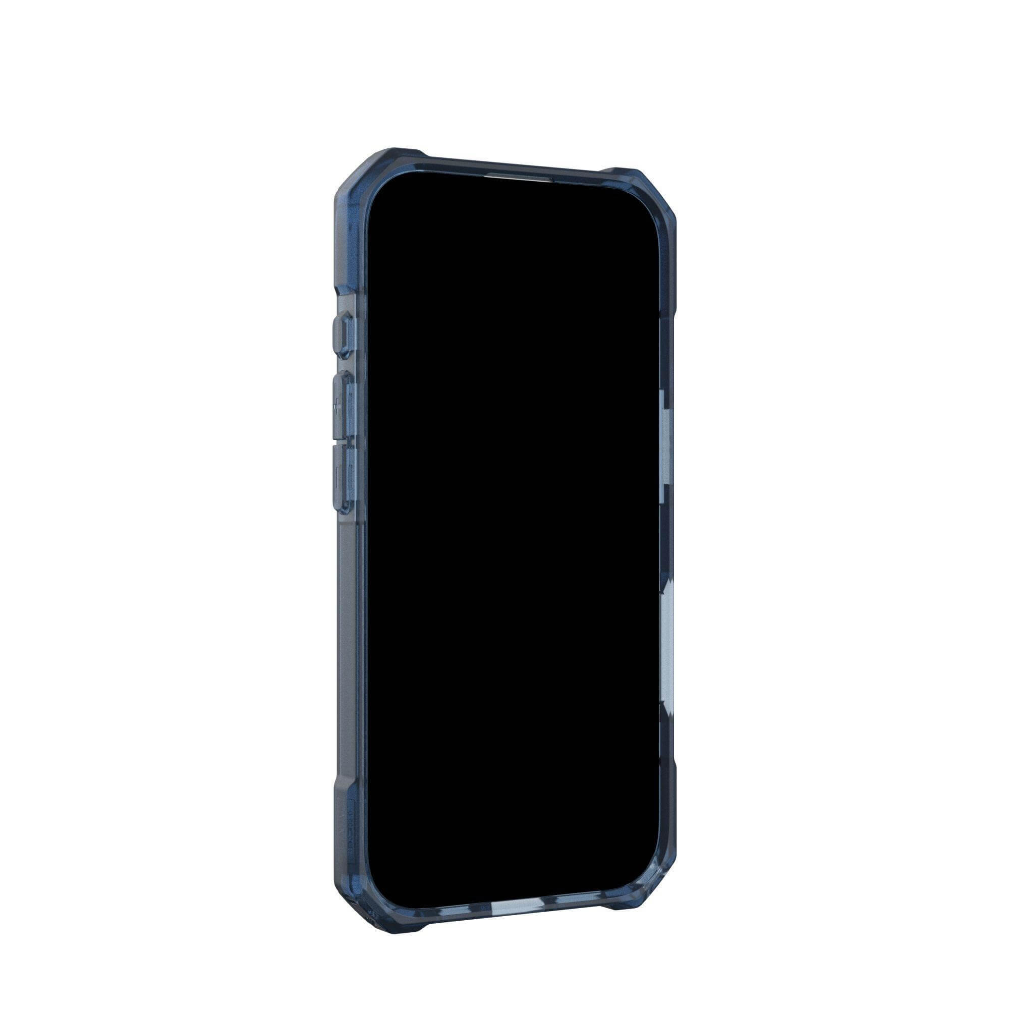 Ein Smartphone in einer blauen Schutzhülle ist vor weißem Hintergrund zentriert. Der Bildschirm ist schwarz.