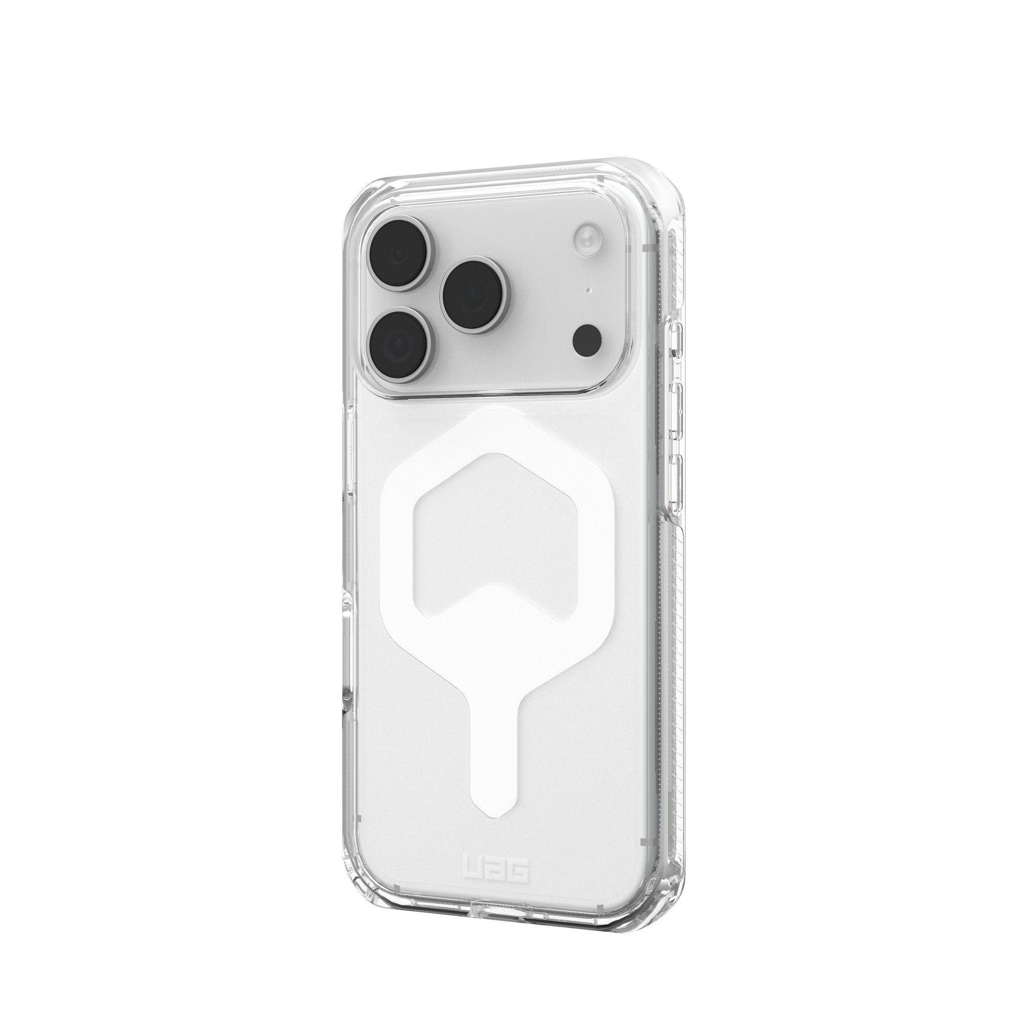 Custodia trasparente per telefono con lenti nere. Logo UAG in basso, sfondo bianco.
