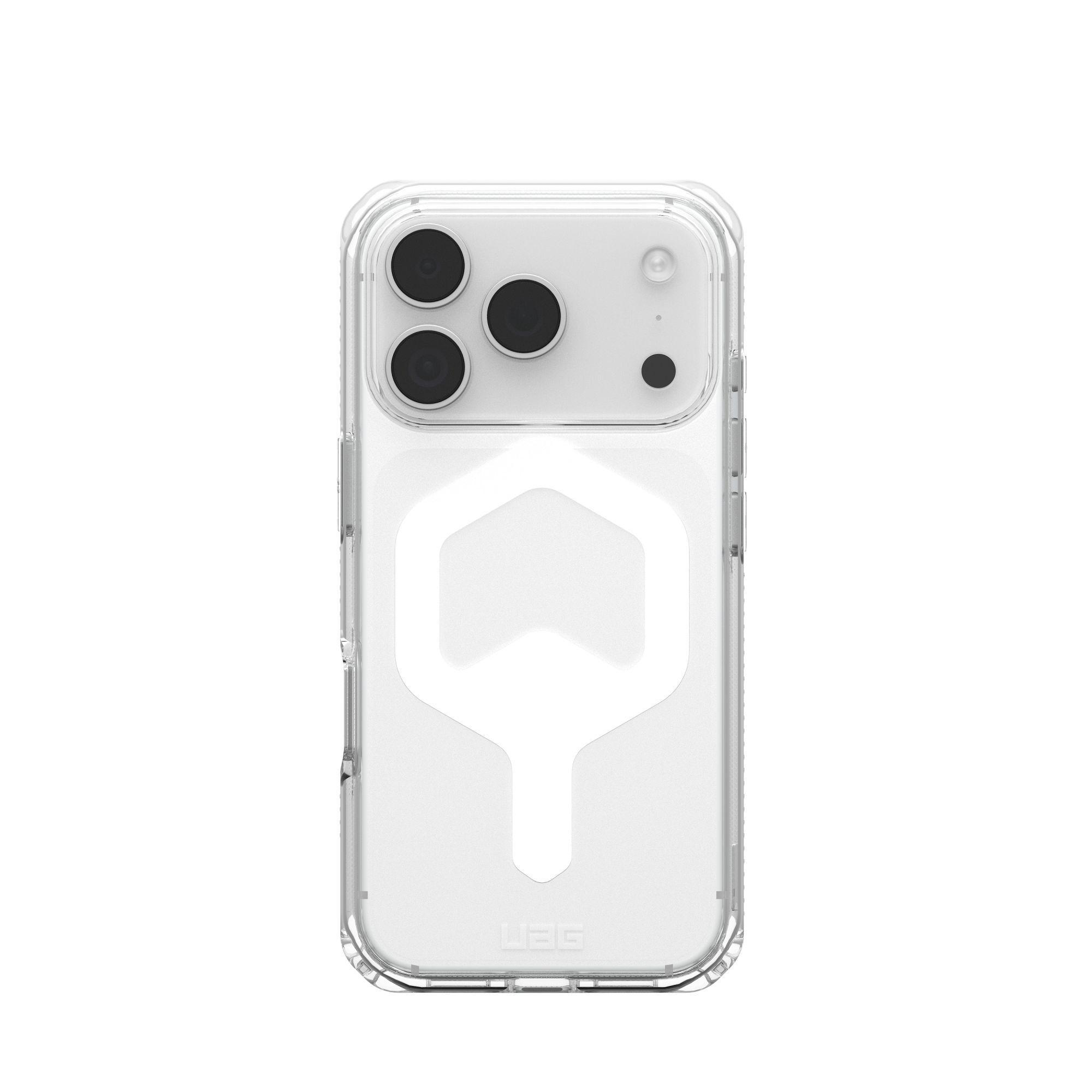Una custodia trasparente per telefono con un ritaglio per la fotocamera. Ha un logo UAG in basso e si trova su sfondo bianco.