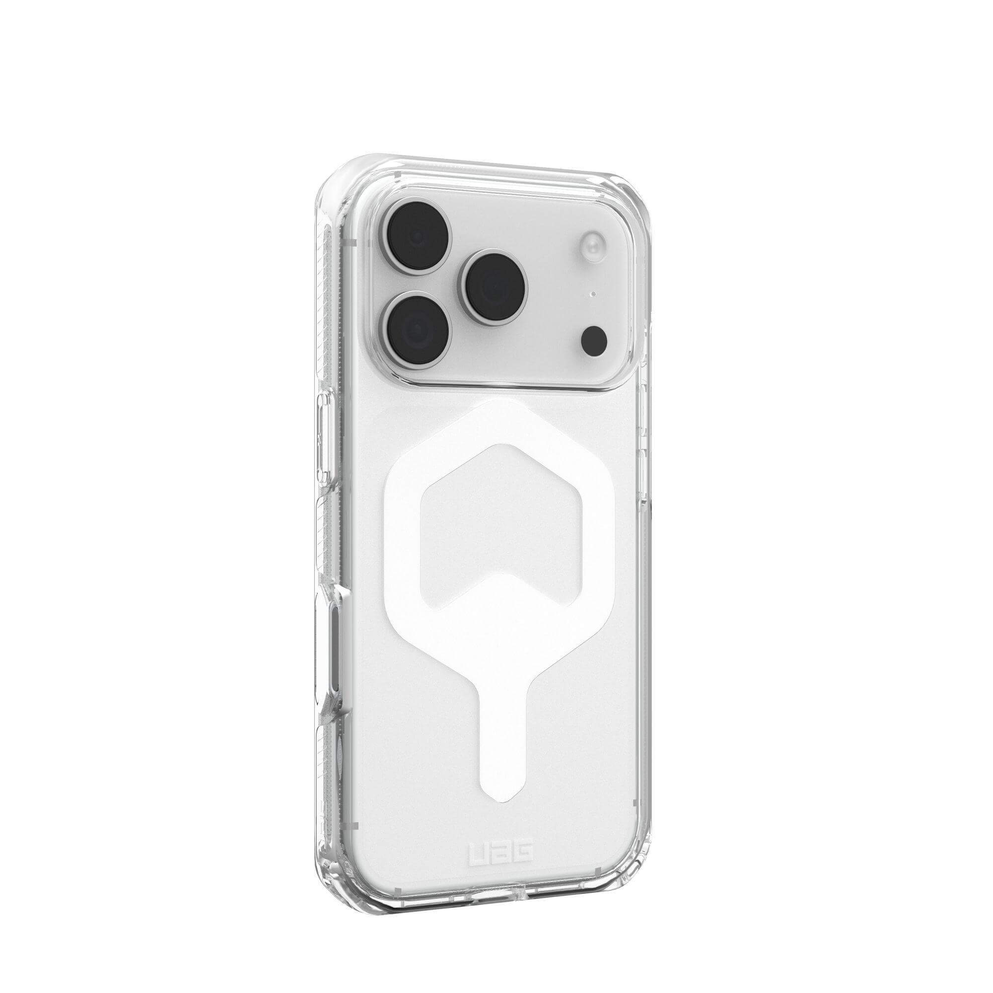 Custodia trasparente per iPhone. Sono visibili tre obiettivi e un flash. La custodia ha un design bianco al centro.