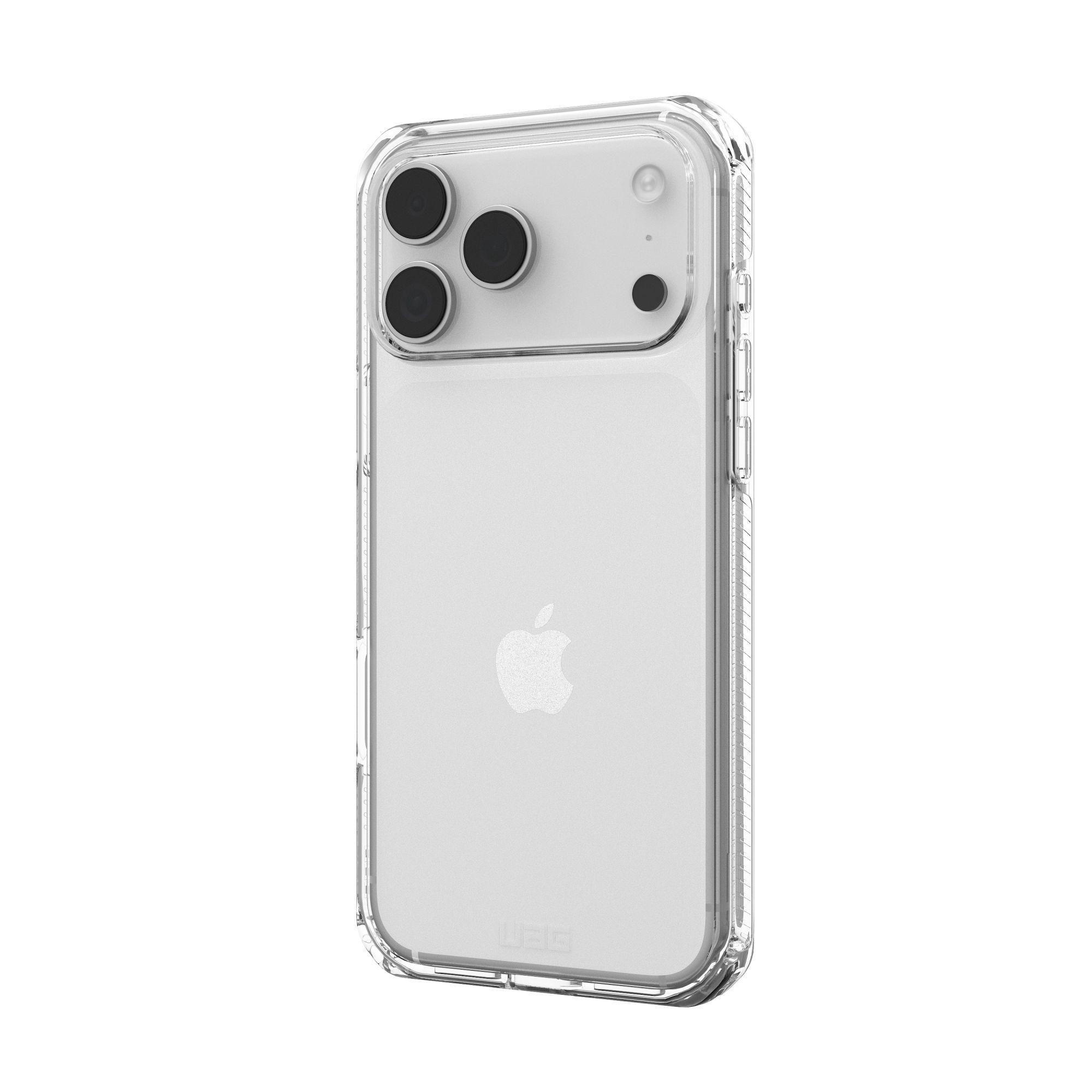 Transparente Handyhülle auf weißem Hintergrund. Die Hülle hat ein transparentes Design mit mehreren Kameraausschnitten und einem Apple-Logo.