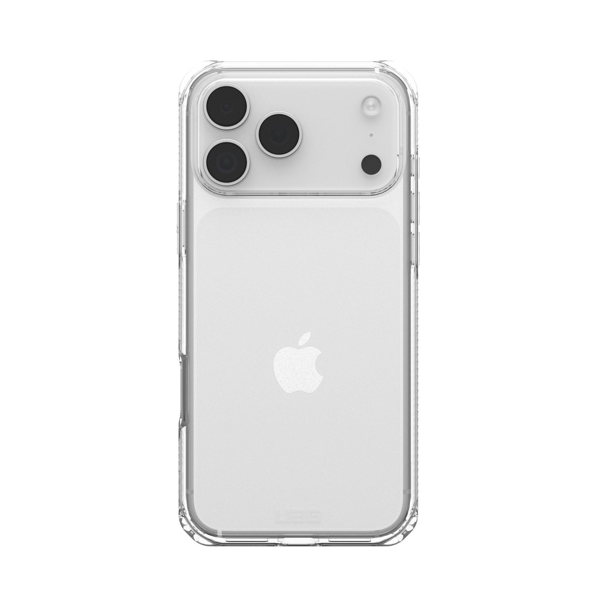 Klare Handyhülle mit Apple-Logo, Kameramodul und transparentem Design. Zeigt die Rückseite des Telefons.