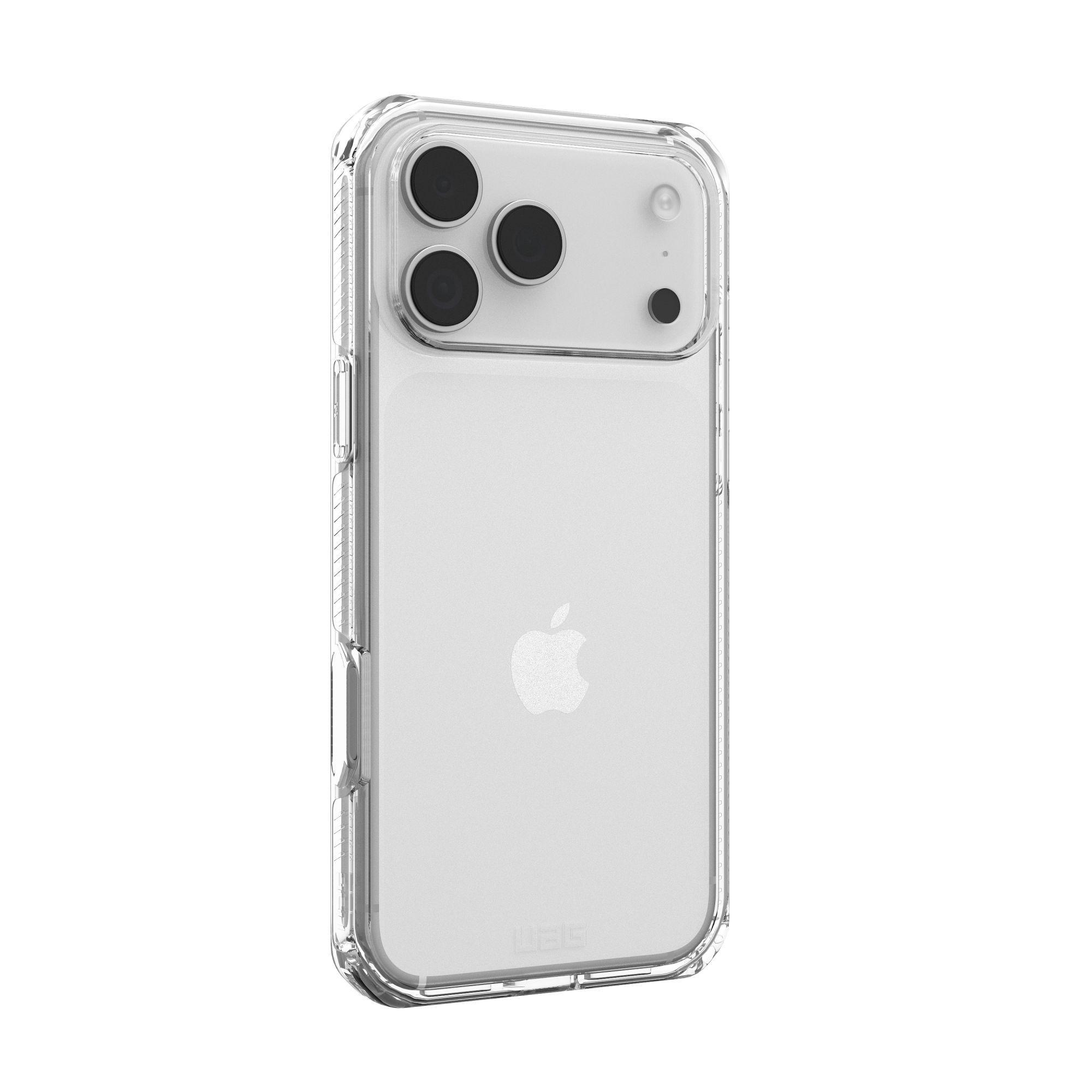 Transparente Handyhülle mit Apple-Logo. Sie hat eine Kamera mit drei Linsen und einem Blitz.