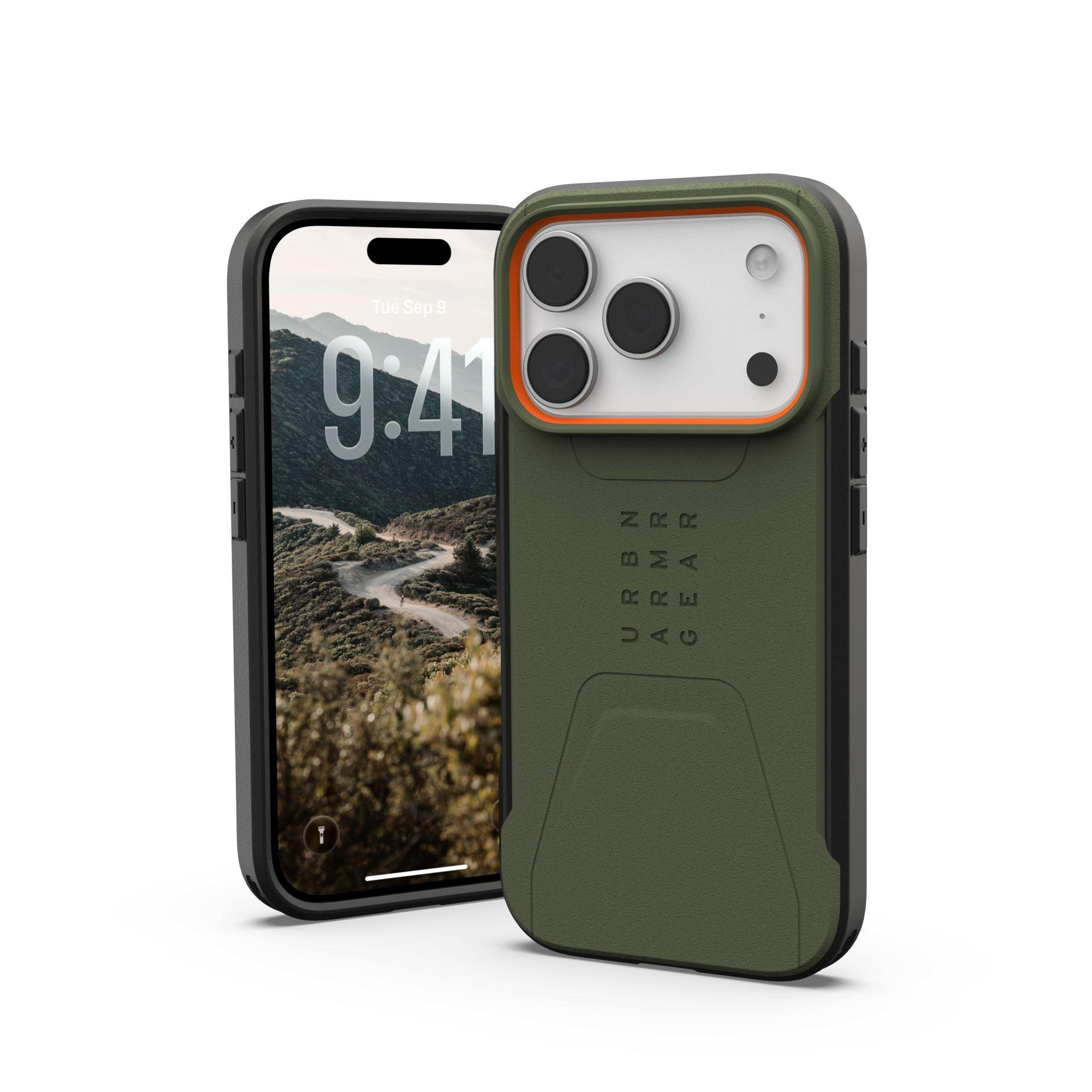 Een iPhone in een groene case staat naast een andere iPhone met een landschap en de datum.