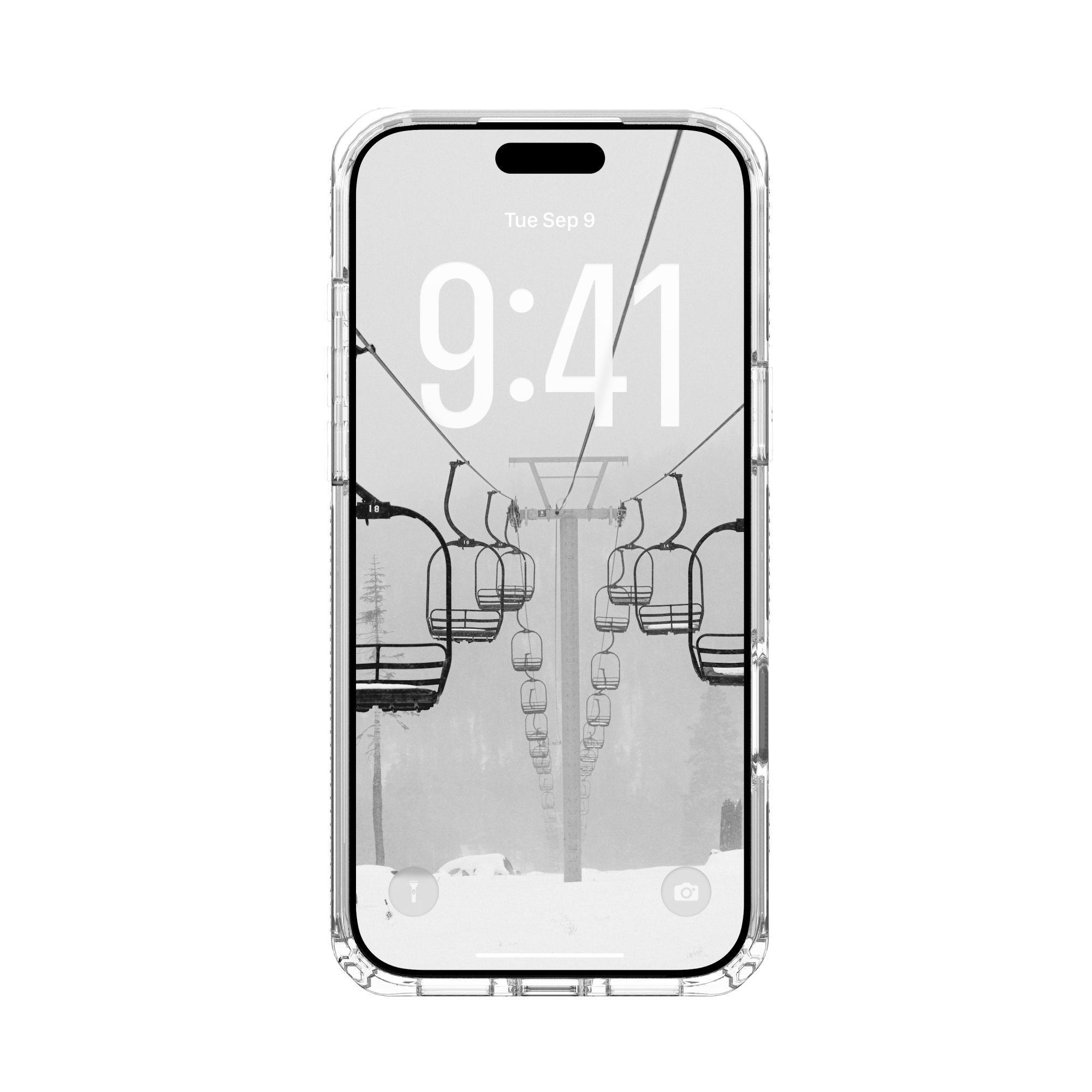 iPhone zeigt Skilift-Szene. Es ist Dienstag um 9:41 Uhr. Der Bildschirm ist in einer durchsichtigen Hülle.