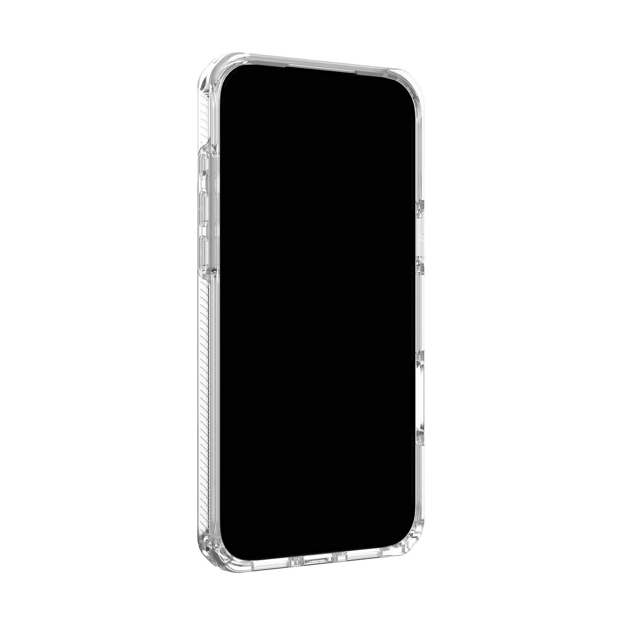 Eine transparente Handyhülle mit schwarzem Bildschirm befindet sich auf weißem Hintergrund. Die Hülle hat Knöpfe.