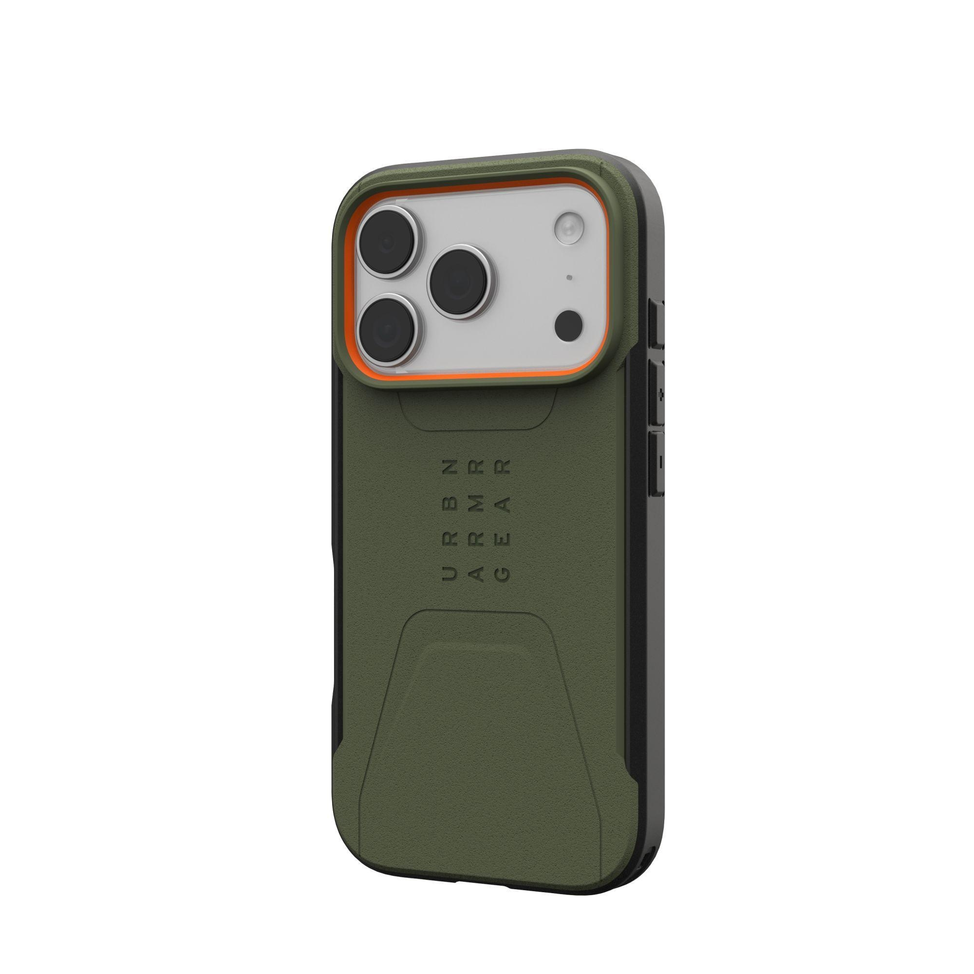 Een olijfgroene telefoonhoes met een zwarte rand. Het heeft de woorden 'URBN ARMOR GEAR' en drie camera-uitsparingen.