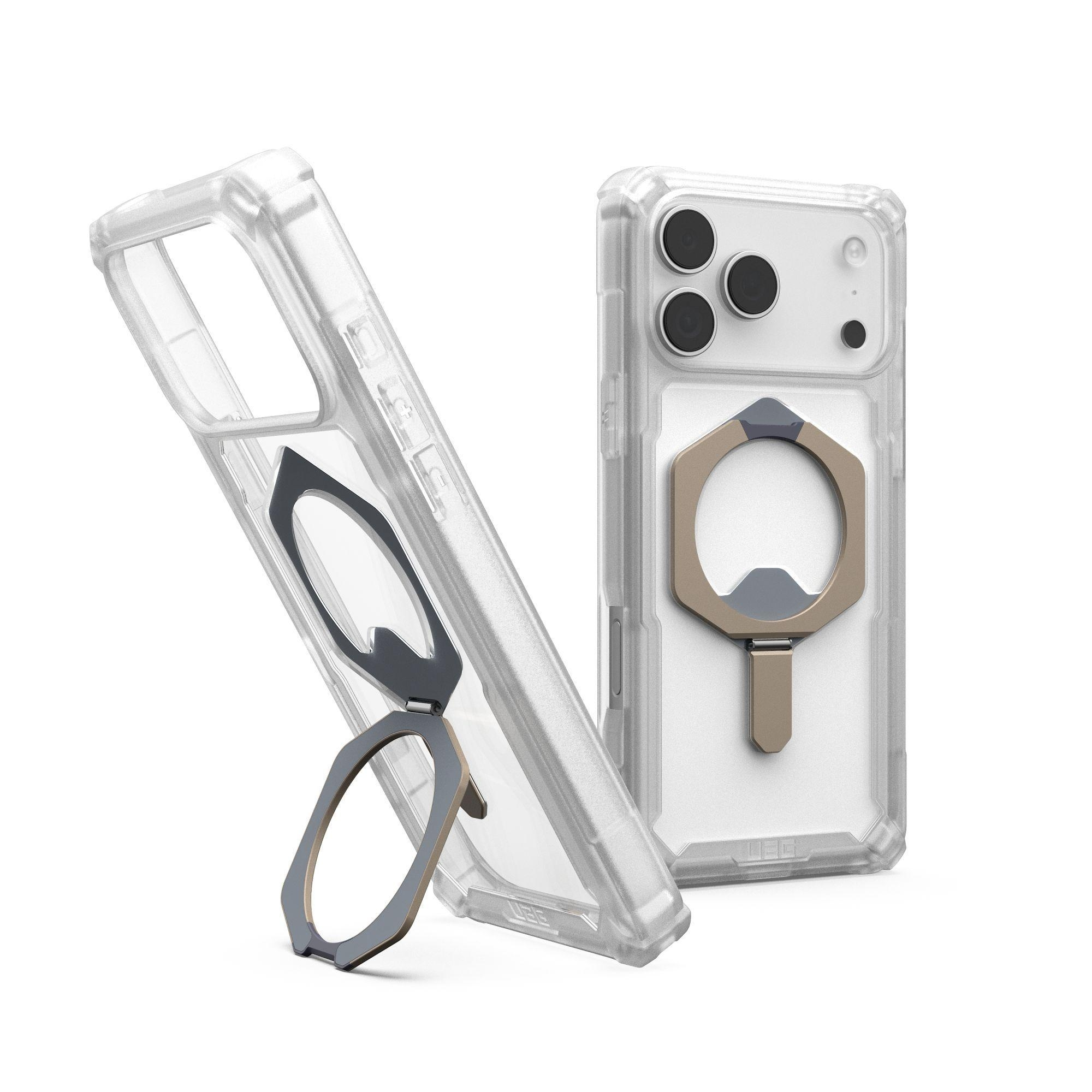 Custodia trasparente con supporto. Una custodia è angolata, l'altra verticale. Entrambe hanno un supporto con anello grigio e base beige.