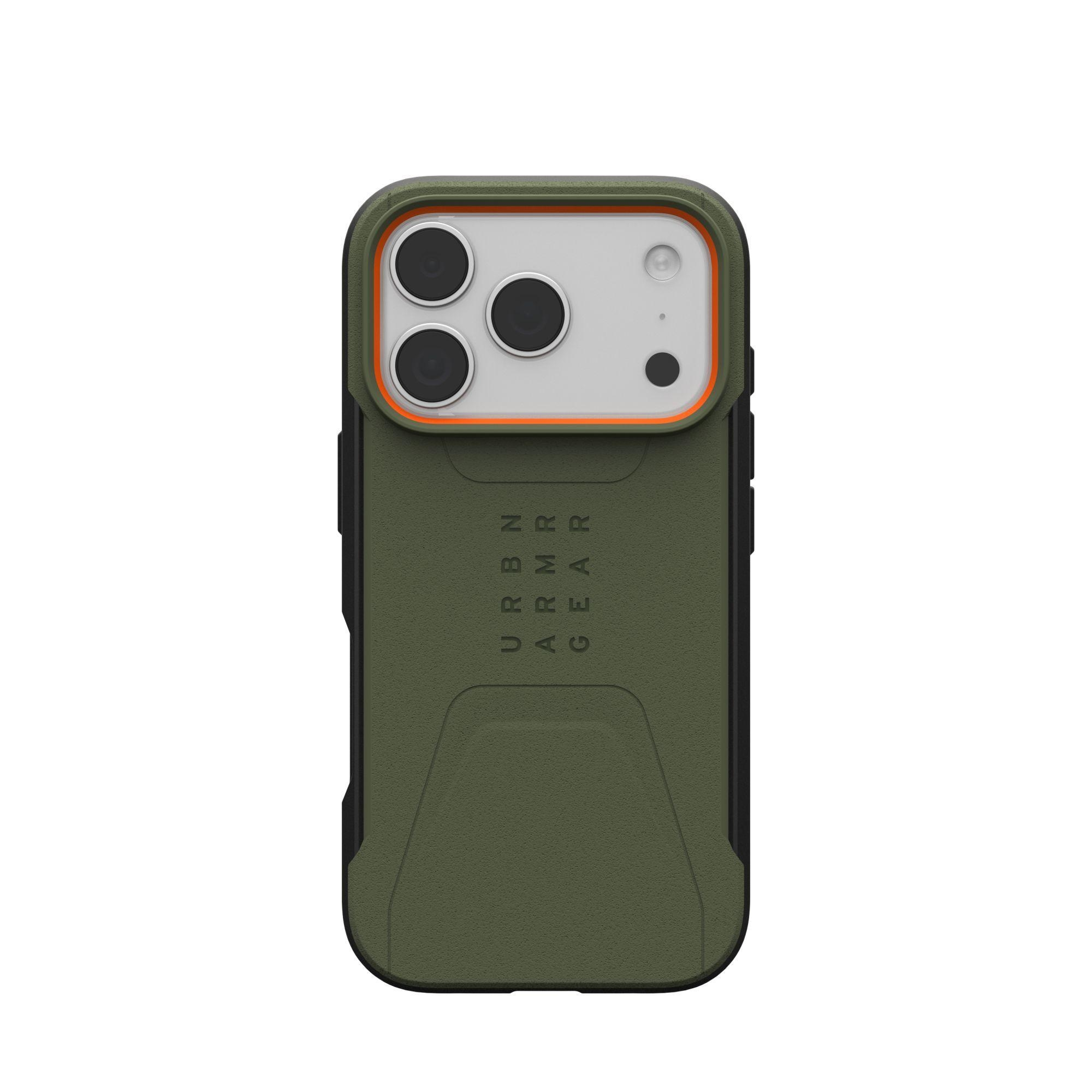 Een telefoonhoesje met drie cameralenzen. Het is olijfgroen en heeft zwarte accenten. De merknaam staat op de achterkant.