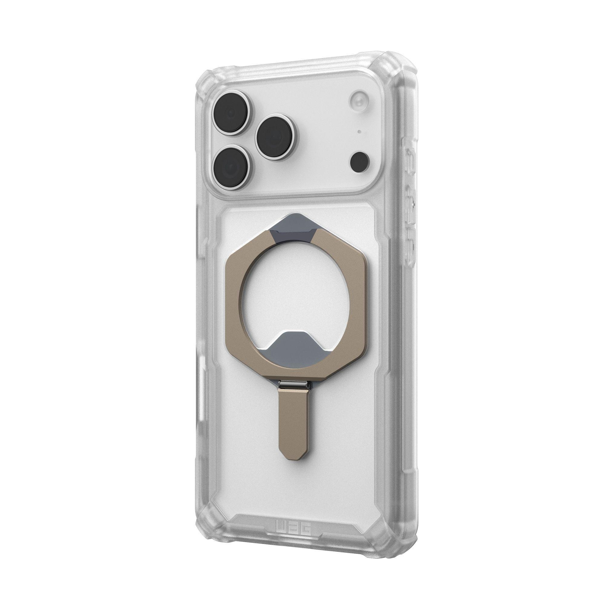 Custodia trasparente per iPhone con apribottiglie integrato. La custodia è trasparente con apribottiglie e supporto marrone e grigio.