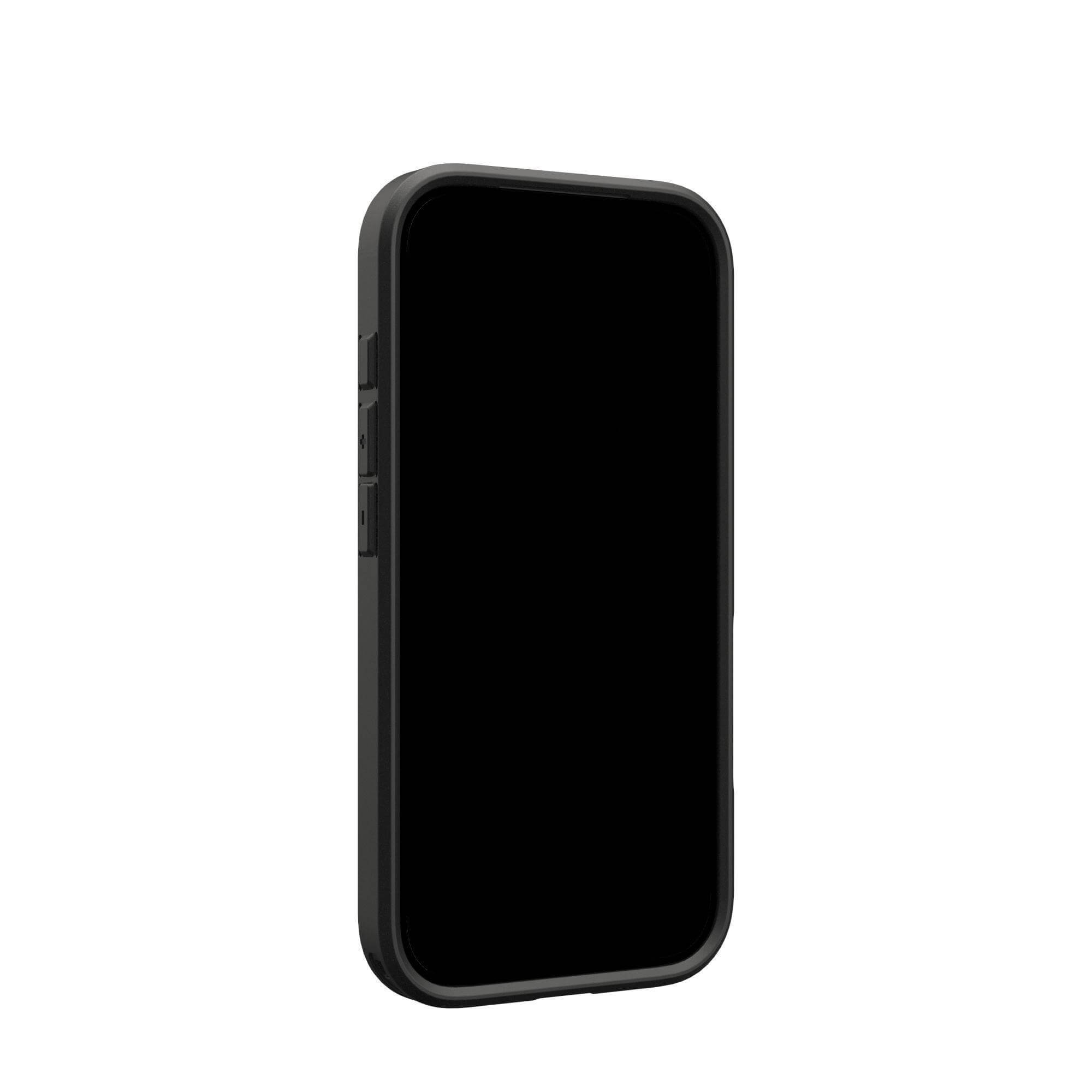 Een zwarte smartphone in een zwarte case staat verticaal tegen een witte achtergrond. Knoppen zijn zichtbaar aan de zijkant.